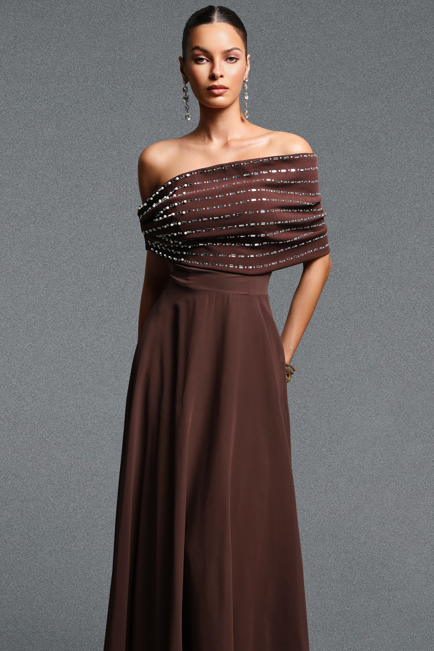 Emier Classic Elegant Off Shoulder Rhinestone Beaded Pleated Maxi Dress