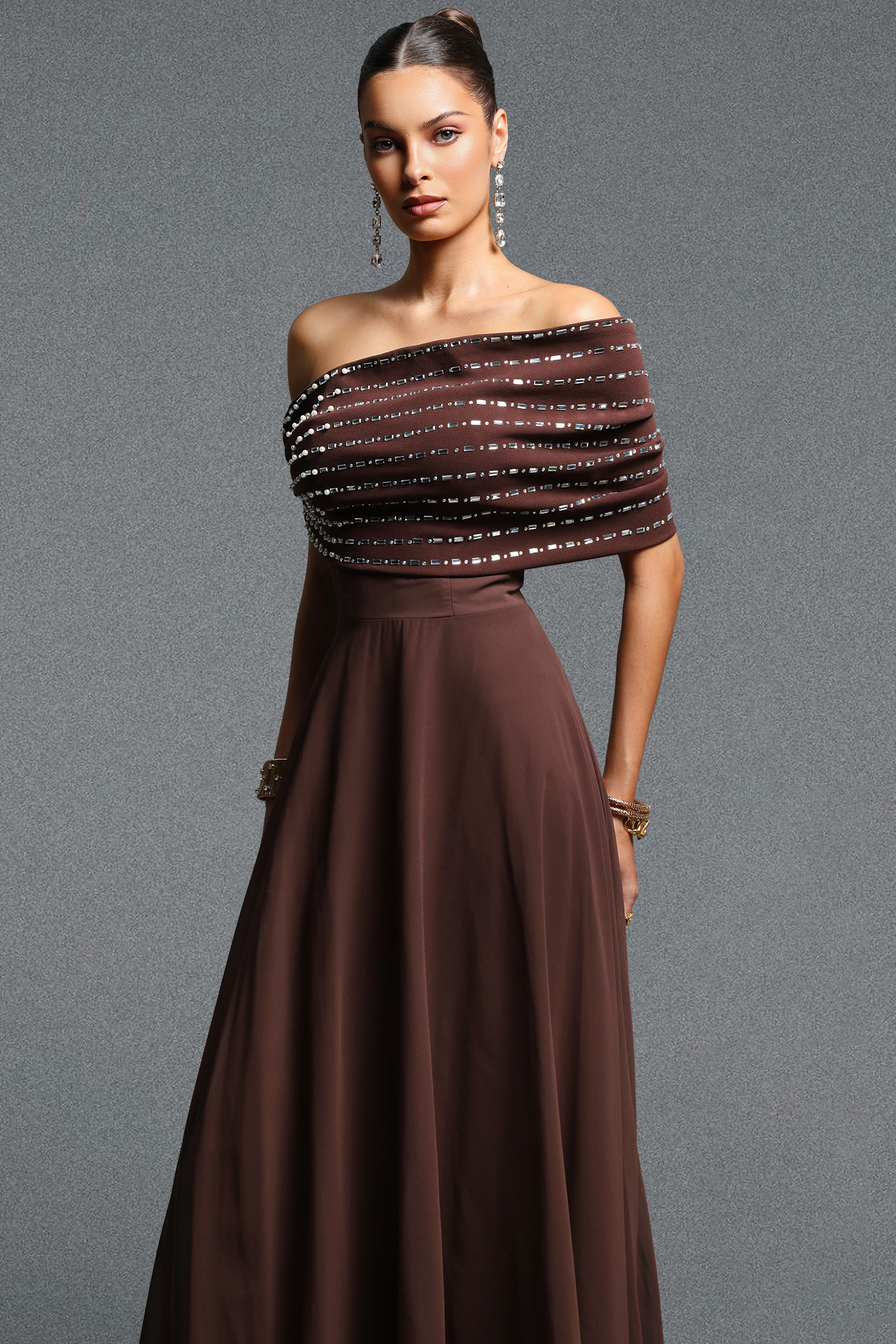 Emier Classic Elegant Off Shoulder Rhinestone Beaded Pleated Maxi Dress