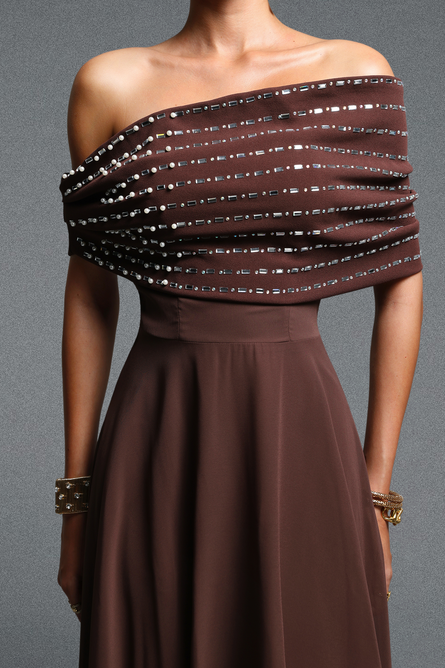 Emier Classic Elegant Off Shoulder Rhinestone Beaded Pleated Maxi Dress