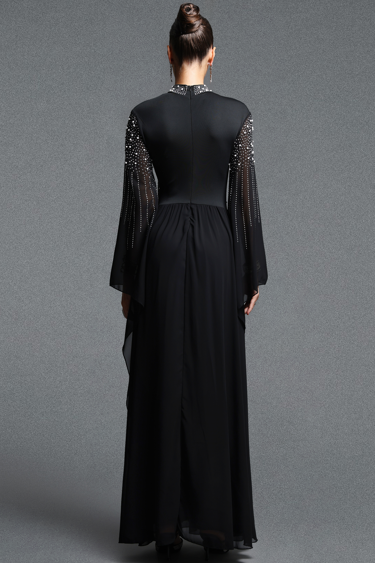 Hospha Elegant Flowy High Neck Long Sleeve Pearl Rhinestone Chiffon Maxi Dress