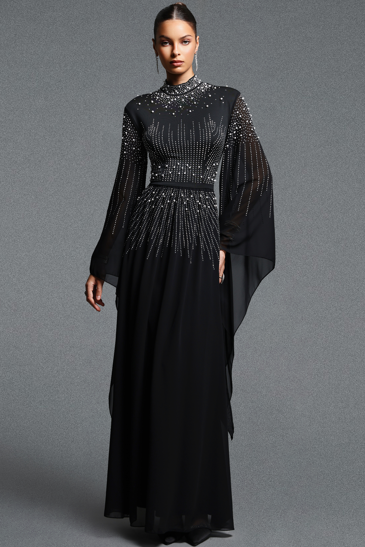 Hospha Elegant Flowy High Neck Long Sleeve Pearl Rhinestone Chiffon Maxi Dress