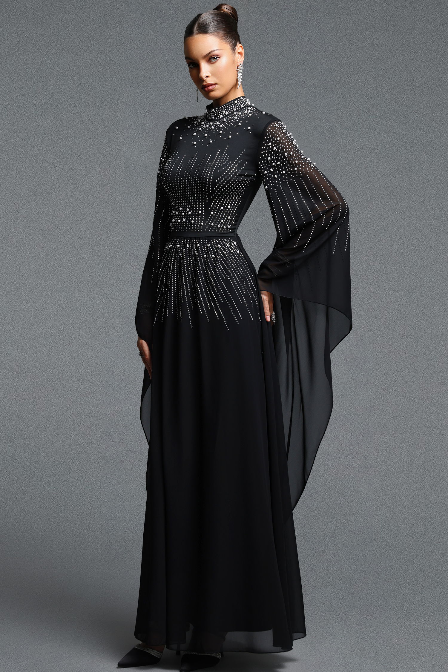 Hospha Elegant Flowy High Neck Long Sleeve Pearl Rhinestone Chiffon Maxi Dress