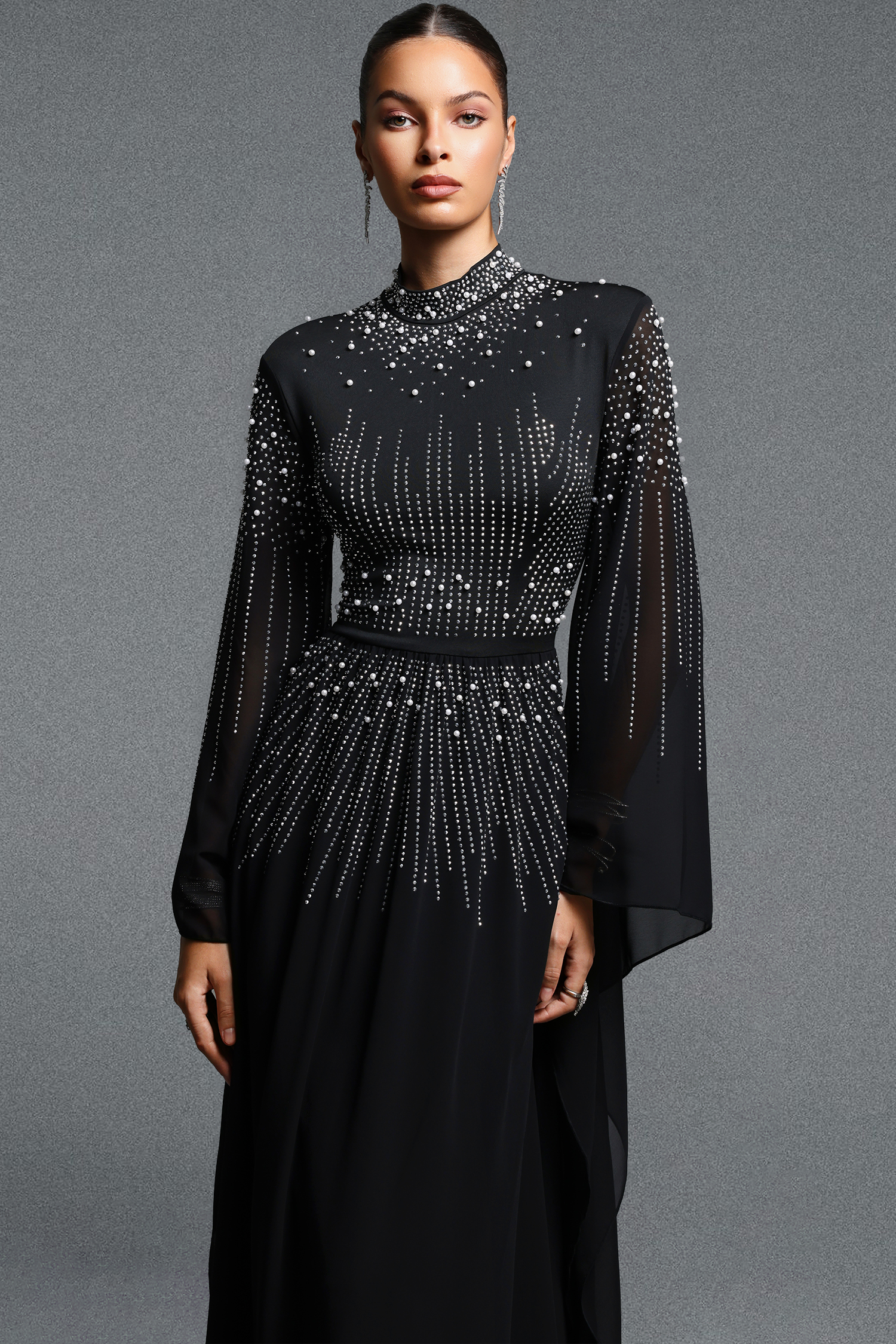 Hospha Elegant Flowy High Neck Long Sleeve Pearl Rhinestone Chiffon Maxi Dress