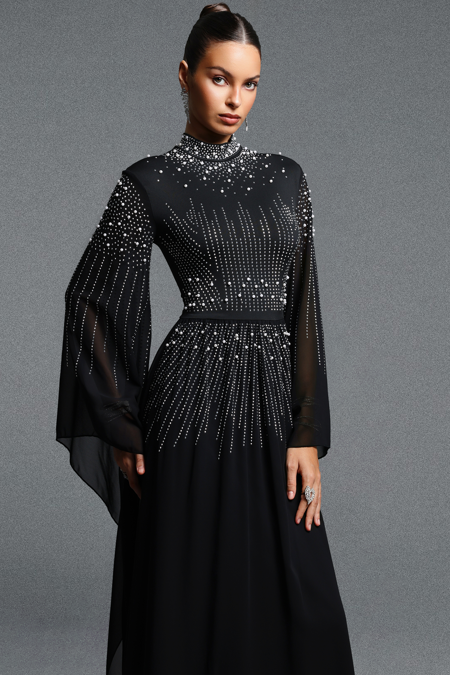 Hospha Elegant Flowy High Neck Long Sleeve Pearl Rhinestone Chiffon Maxi Dress