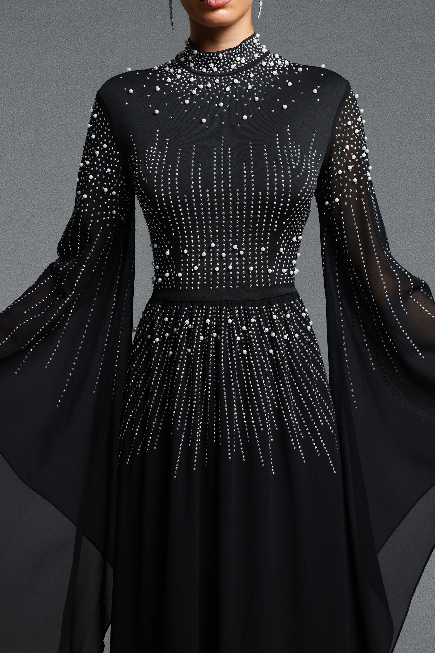 Hospha Elegant Flowy High Neck Long Sleeve Pearl Rhinestone Chiffon Maxi Dress