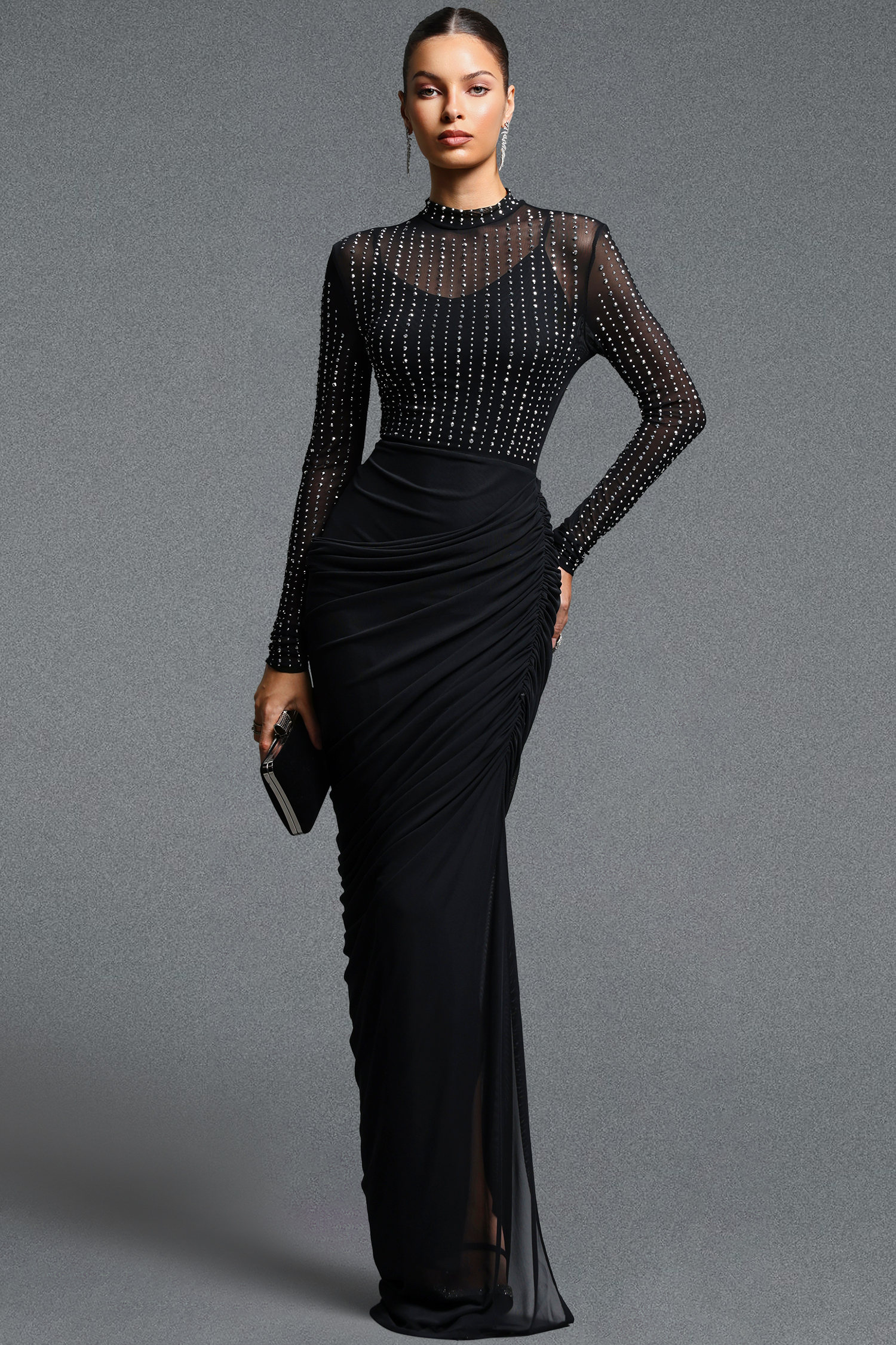Rami Elegant Contour Long Sleeve Rhinestone Ruched Mesh Maxi Dress