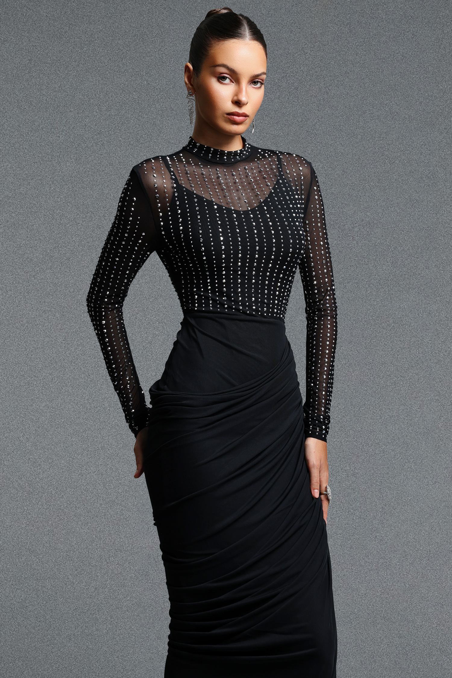 Rami Elegant Contour Long Sleeve Rhinestone Ruched Mesh Maxi Dress