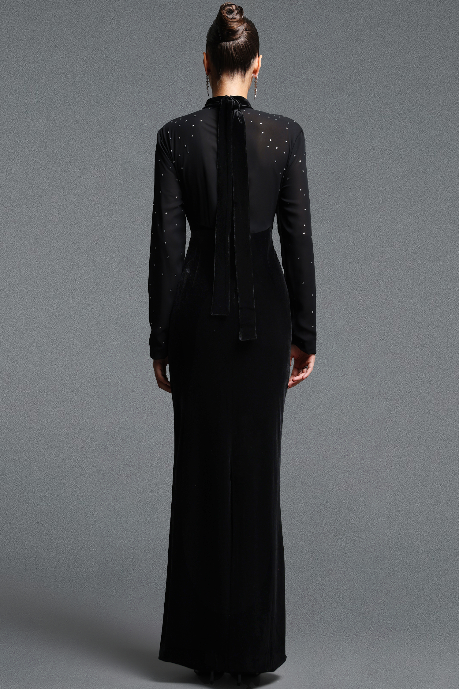 Rocelle Classic Luxury Turtleneck Long Sleeve Rhinestone Velvet Maxi Dress