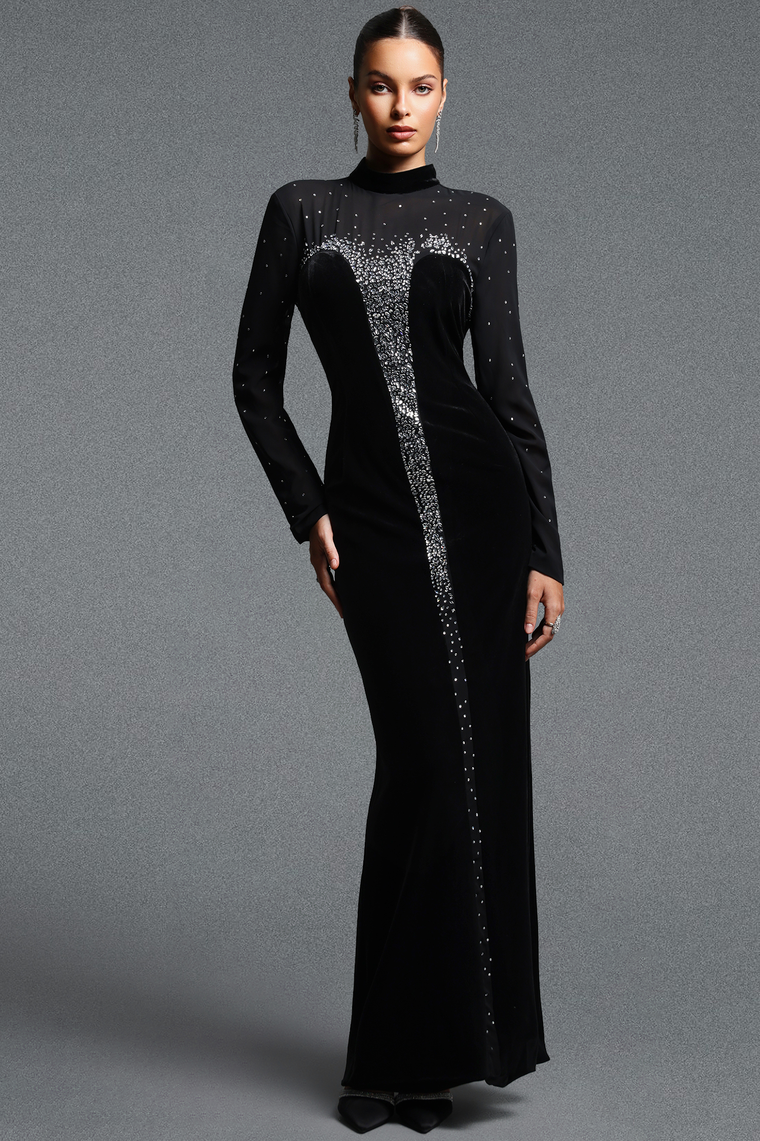 Rocelle Classic Luxury Turtleneck Long Sleeve Rhinestone Velvet Maxi Dress