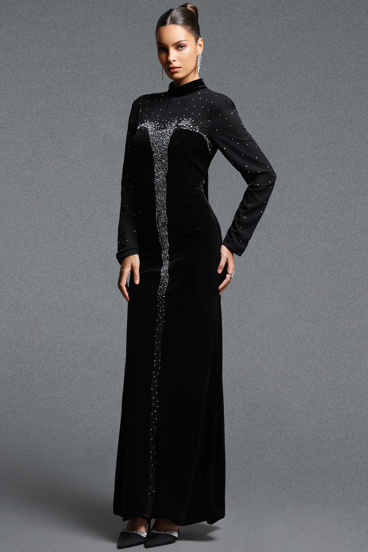Rocelle Classic Luxury Turtleneck Long Sleeve Rhinestone Velvet Maxi Dress