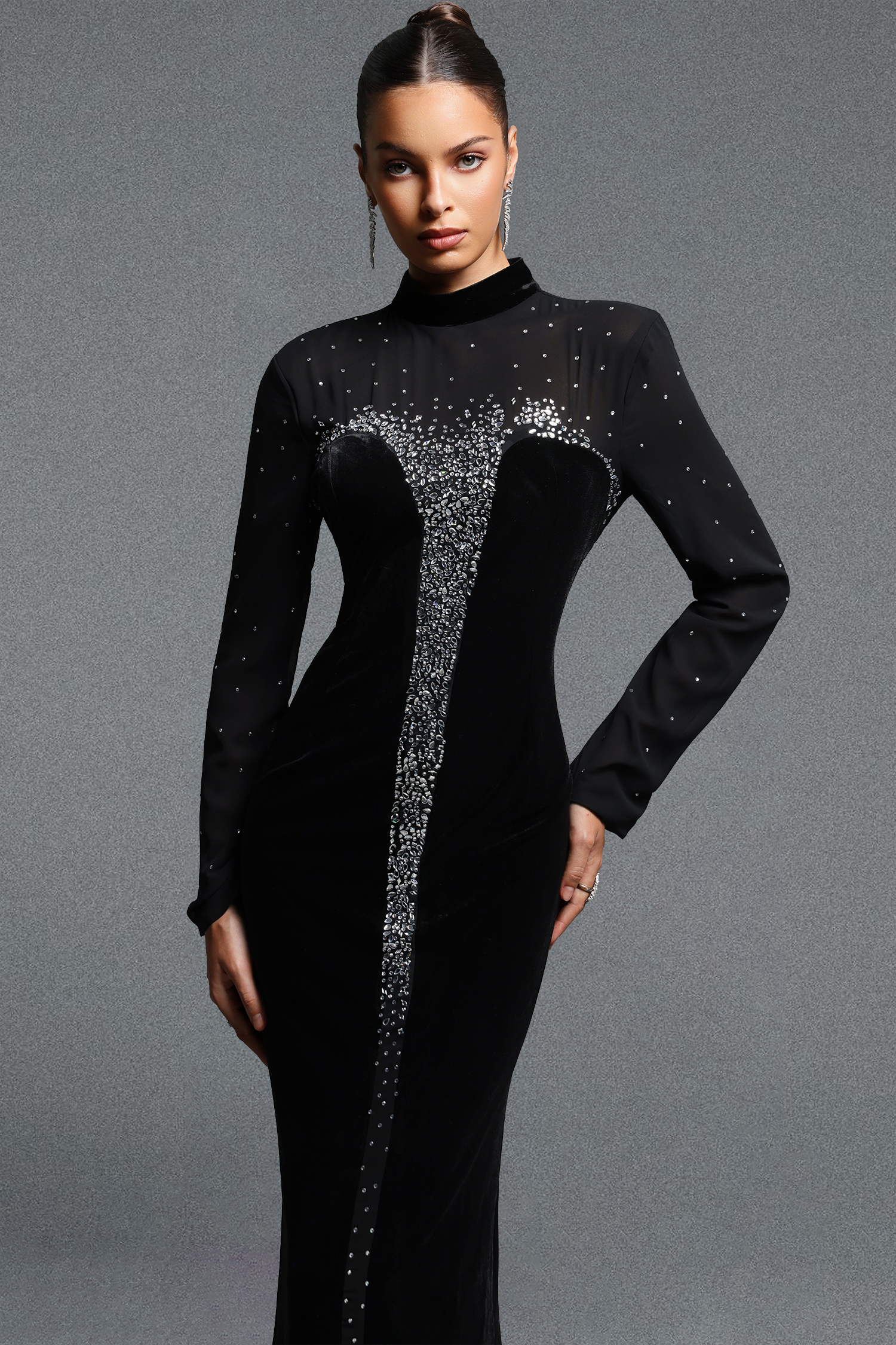 Rocelle Classic Luxury Turtleneck Long Sleeve Rhinestone Velvet Maxi Dress