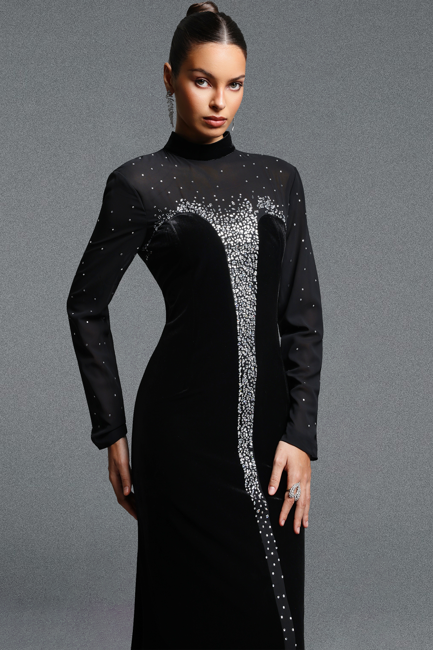 Rocelle Classic Luxury Turtleneck Long Sleeve Rhinestone Velvet Maxi Dress