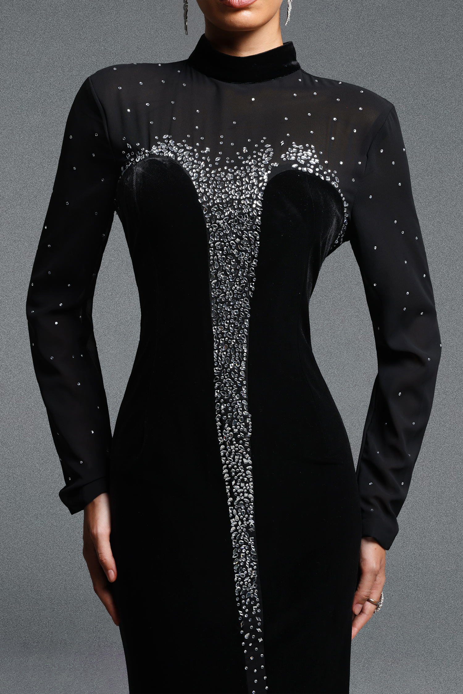 Rocelle Classic Luxury Turtleneck Long Sleeve Rhinestone Velvet Maxi Dress