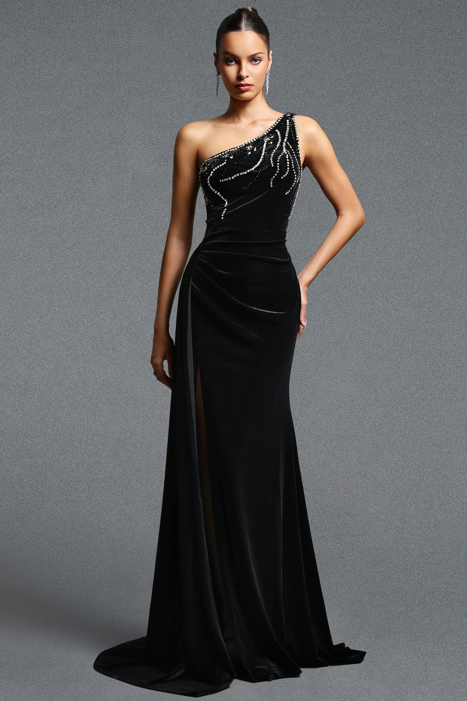 Merrit Elegant Contour Asymmetrical Shoulder Rhinestone Ruched Slit Maxi Dress