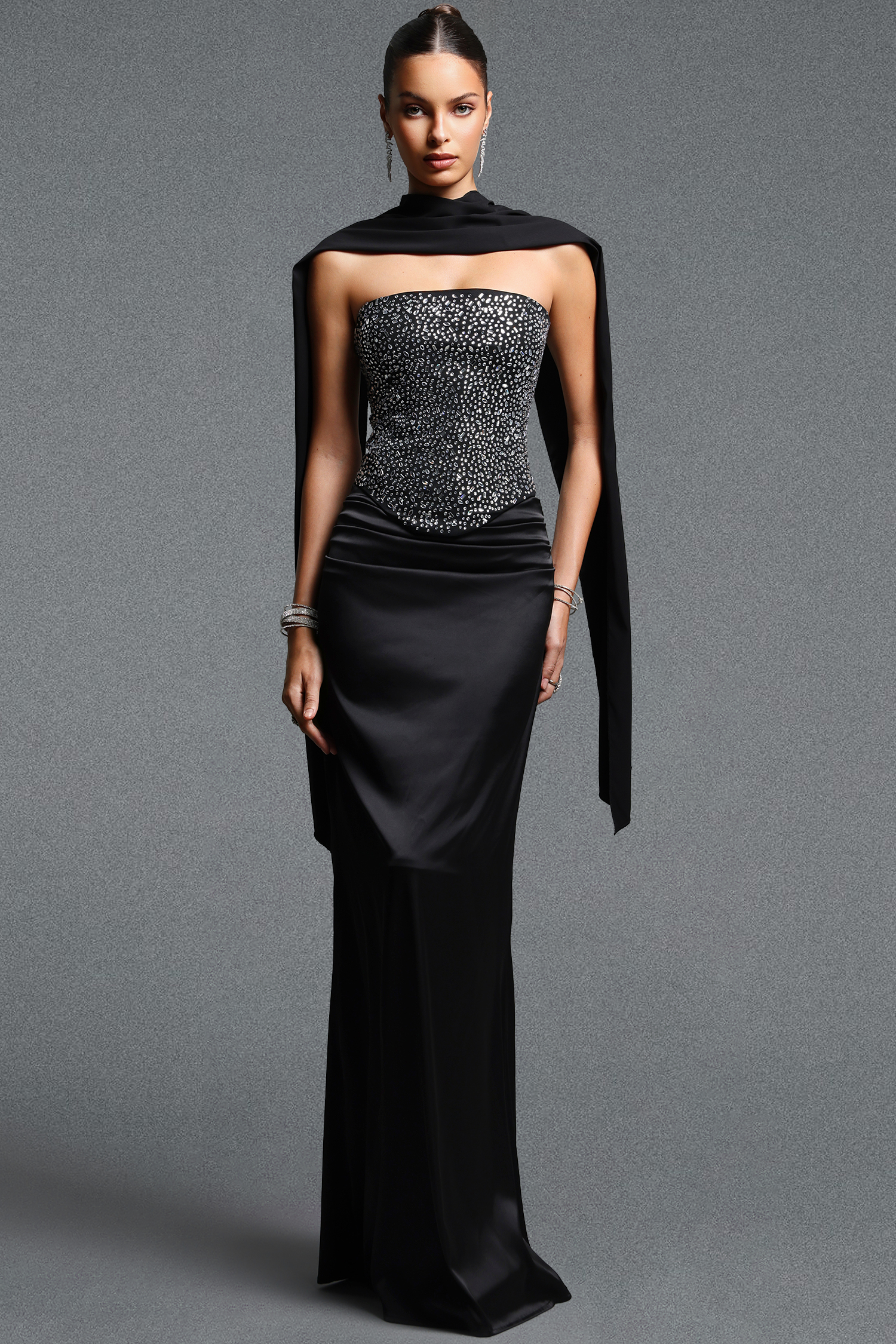 Encho Elegant Contour Strapless Rhinestone Sash Satin Top and Skirt Set