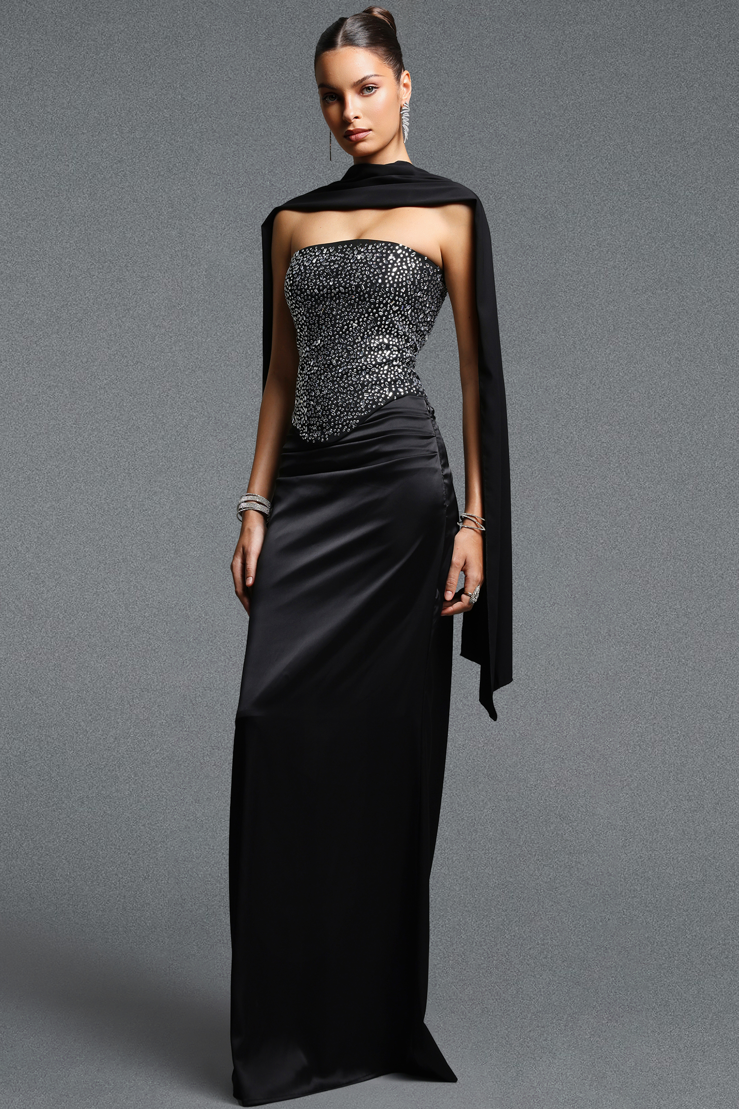 Encho Elegant Contour Strapless Rhinestone Sash Satin Top and Skirt Set
