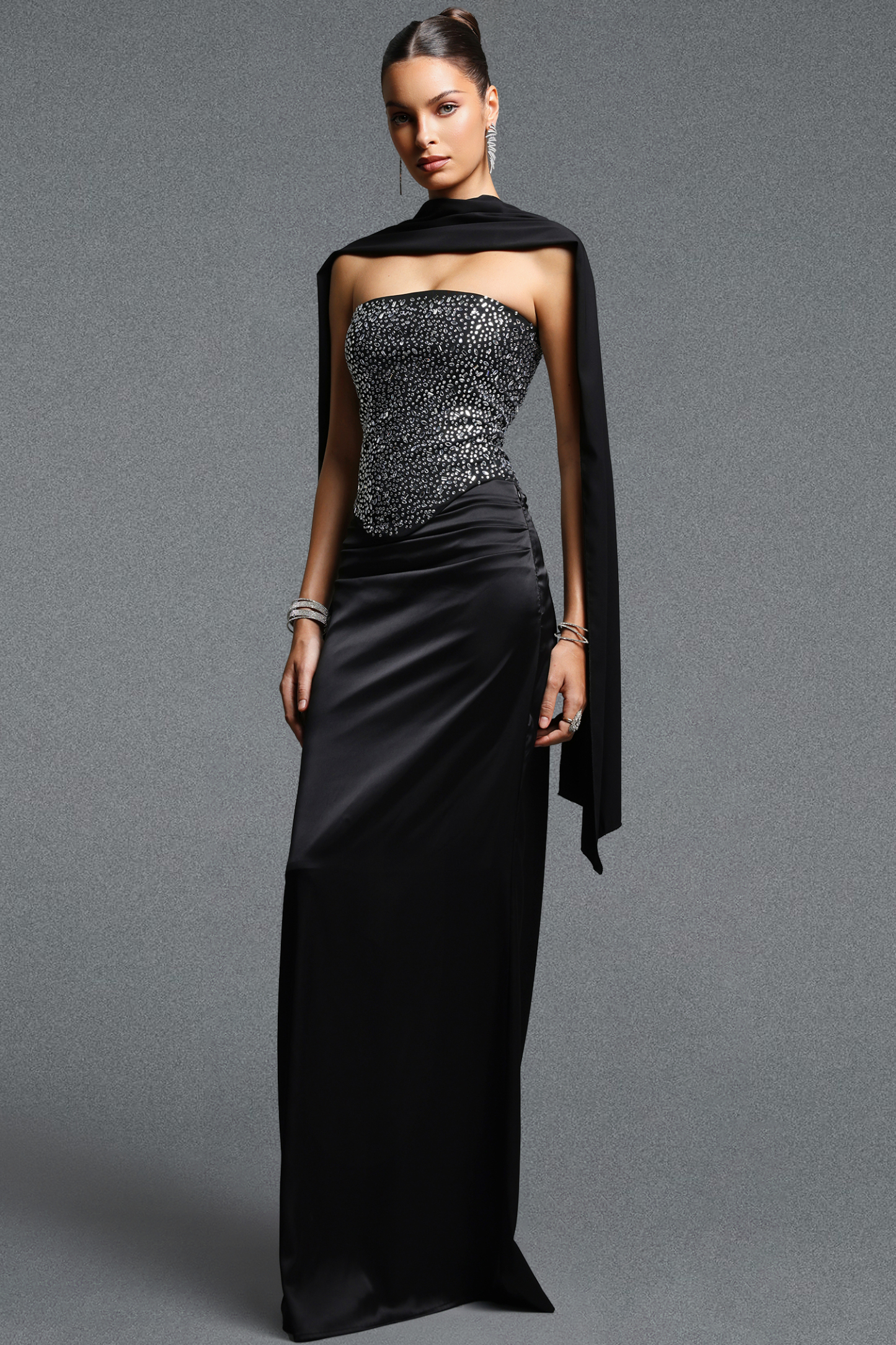 Encho Elegant Contour Strapless Rhinestone Sash Satin Top and Skirt Set