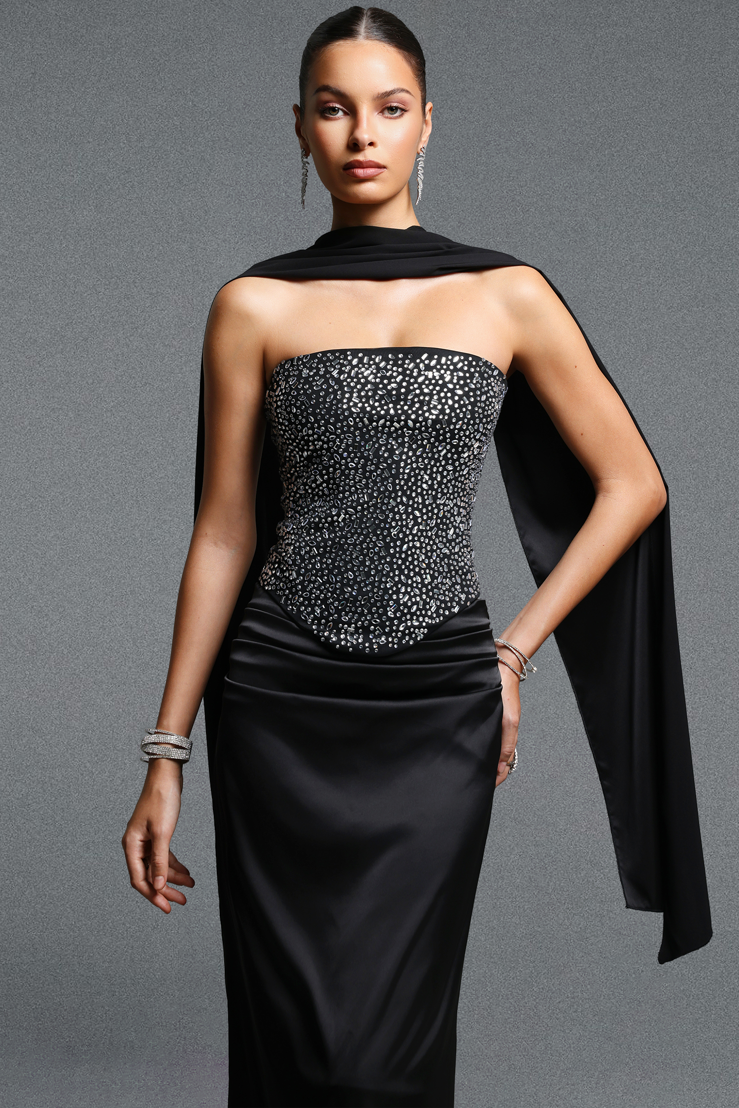 Encho Elegant Contour Strapless Rhinestone Sash Satin Top and Skirt Set
