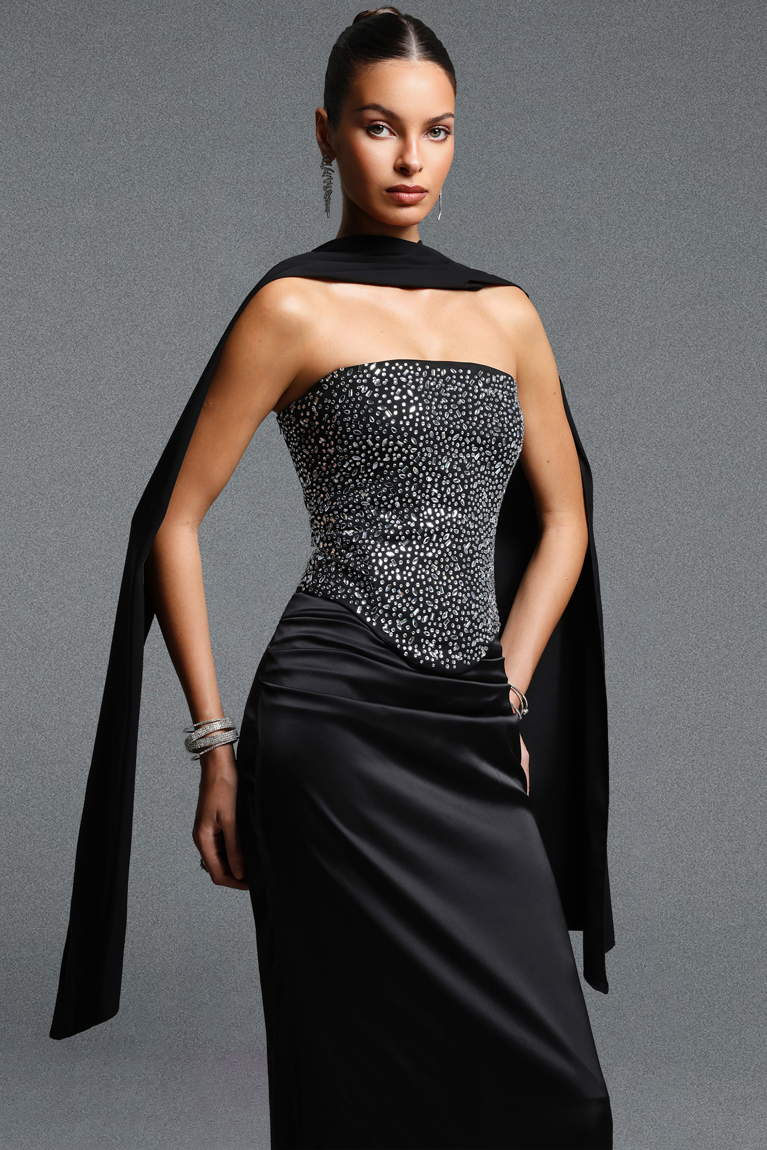 Encho Elegant Contour Strapless Rhinestone Sash Satin Top and Skirt Set