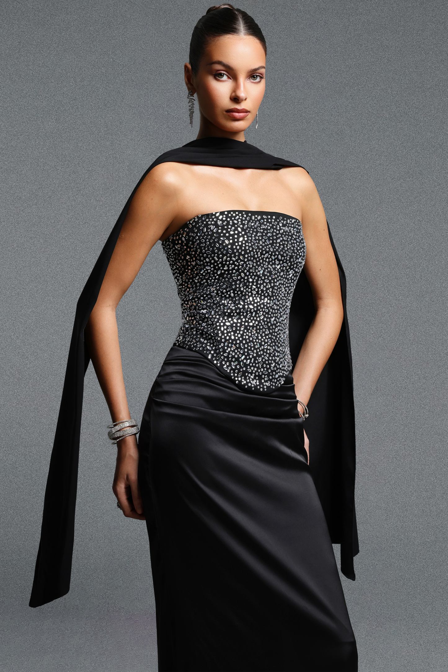 Encho Elegant Contour Strapless Rhinestone Sash Satin Top and Skirt Set
