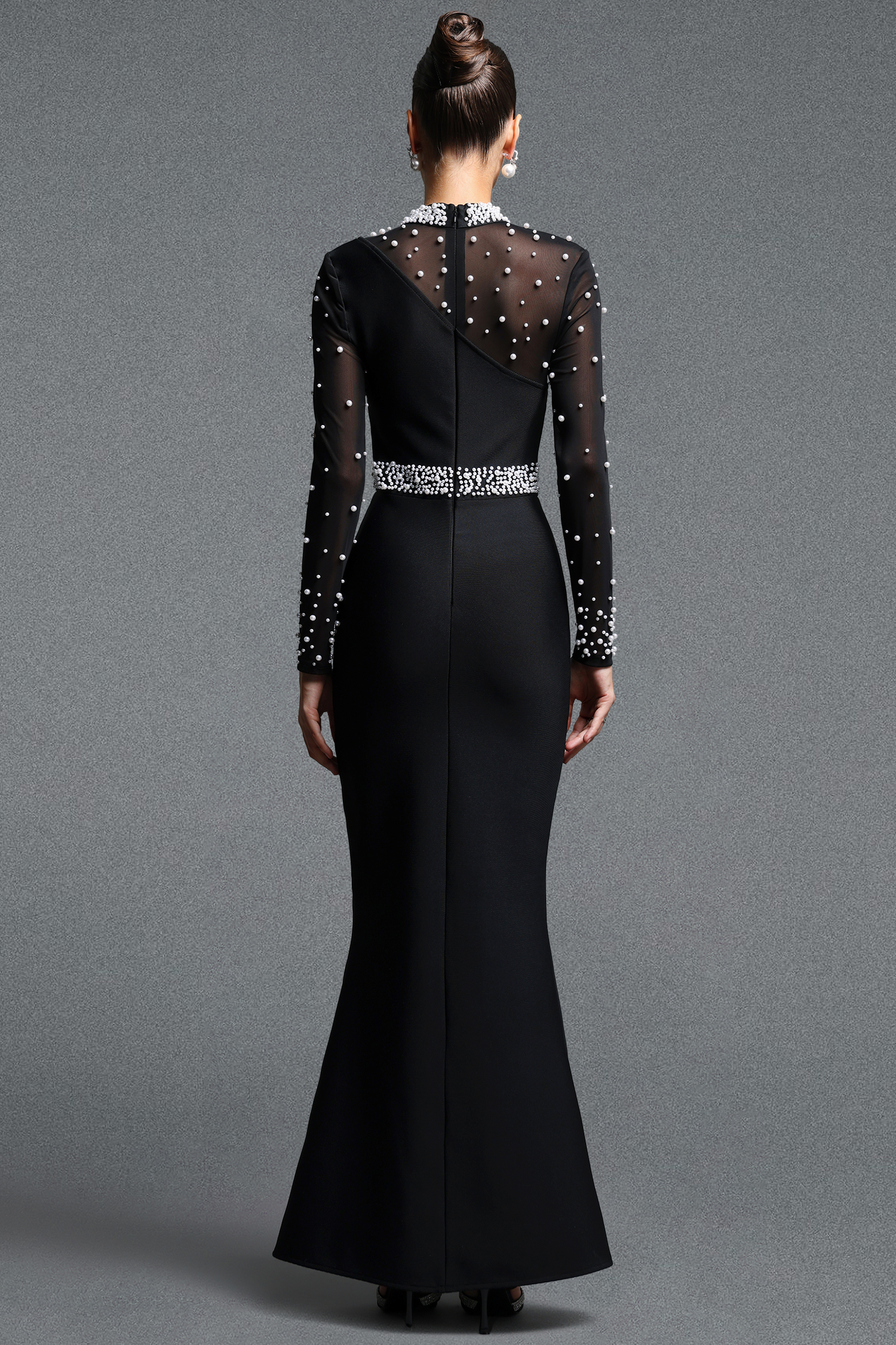 Urania Elegant Contour Mock Neck Long Sleeve Pearl Mesh Knit Maxi Dress
