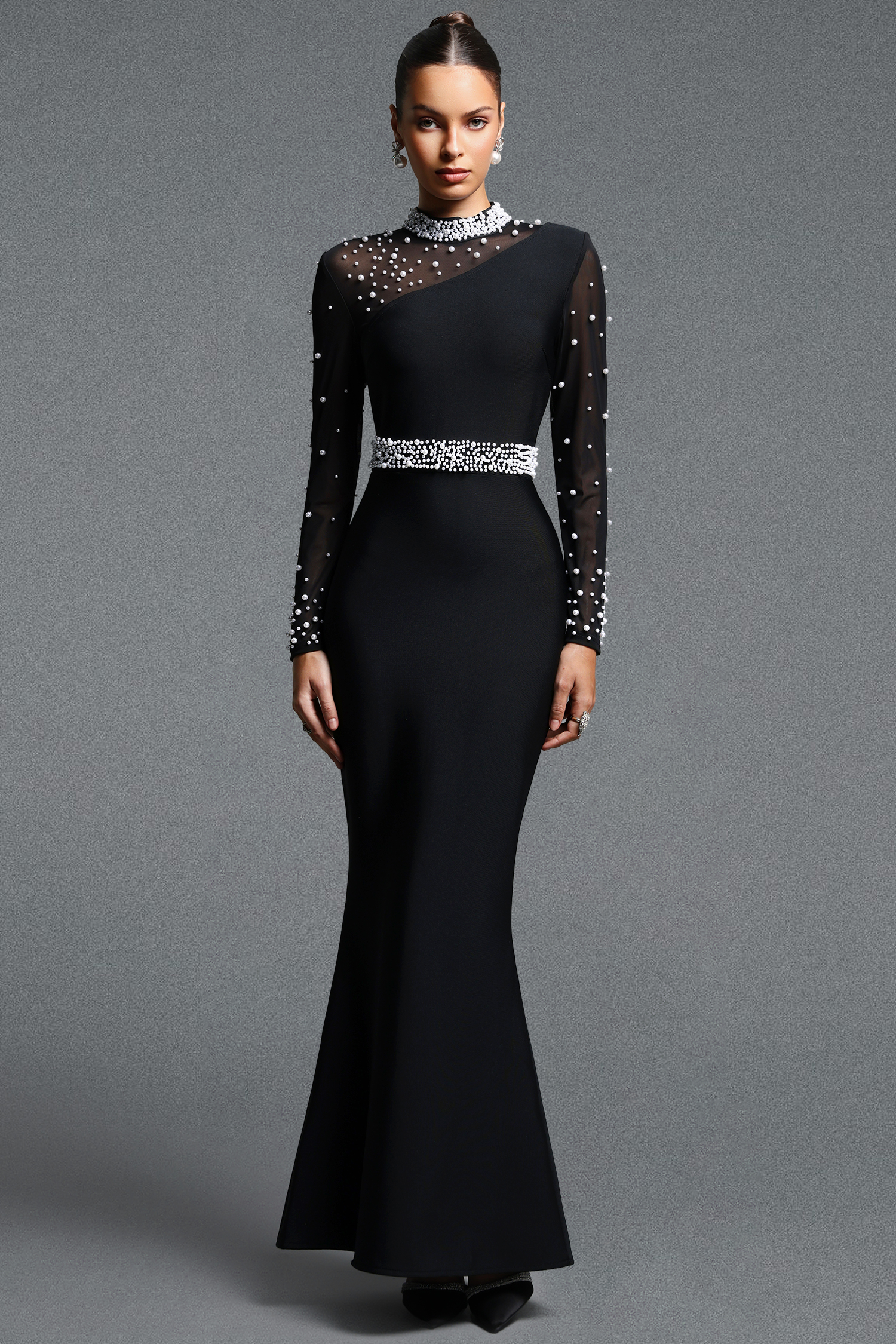 Urania Elegant Contour Mock Neck Long Sleeve Pearl Mesh Knit Maxi Dress