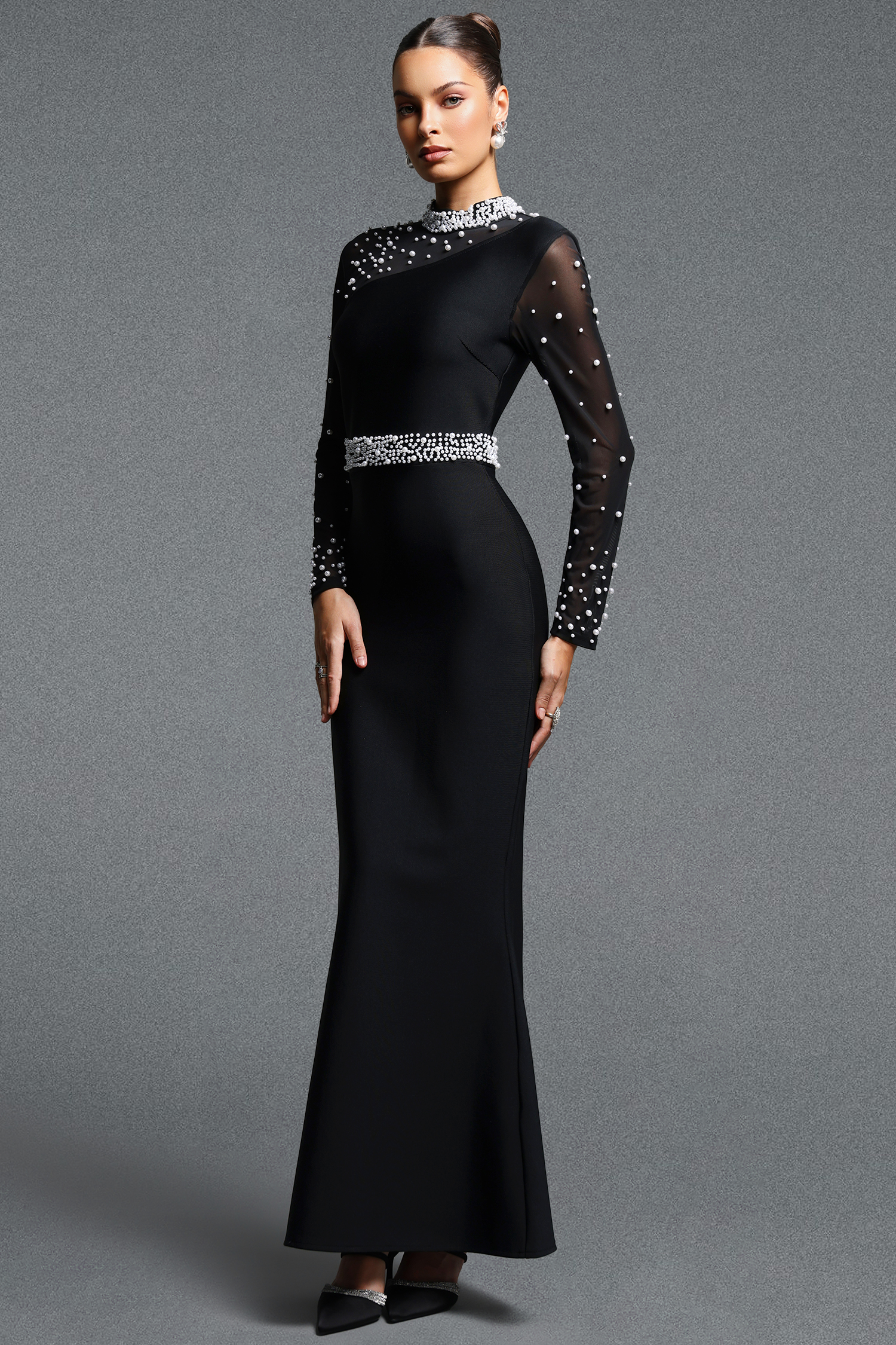 Urania Elegant Contour Mock Neck Long Sleeve Pearl Mesh Knit Maxi Dress