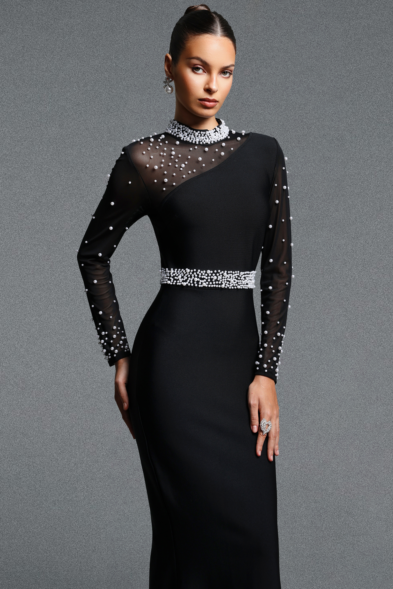 Urania Elegant Contour Mock Neck Long Sleeve Pearl Mesh Knit Maxi Dress
