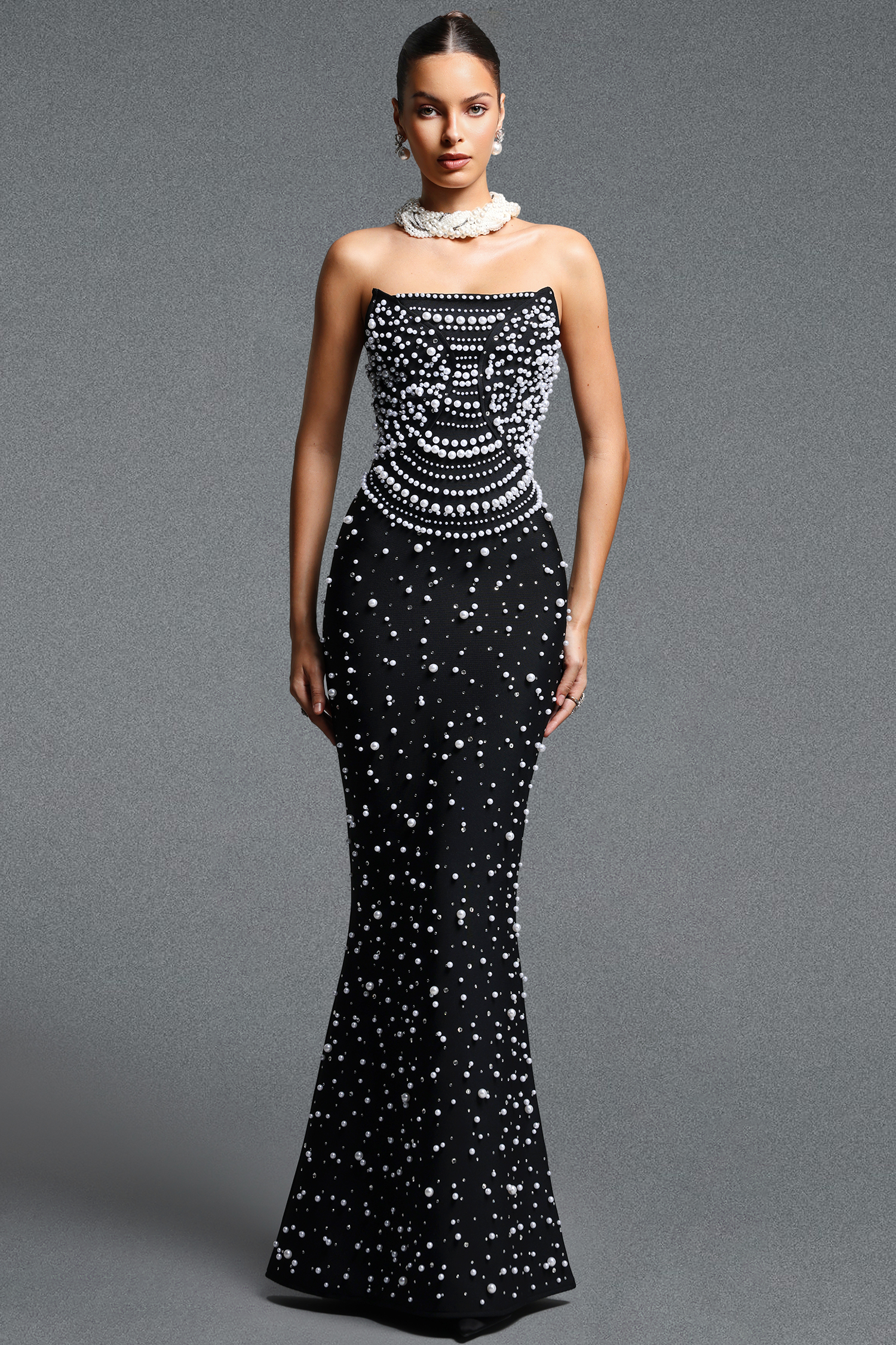 Dekia Elegant Contour Strapless Pearl Bandage Maxi Dress