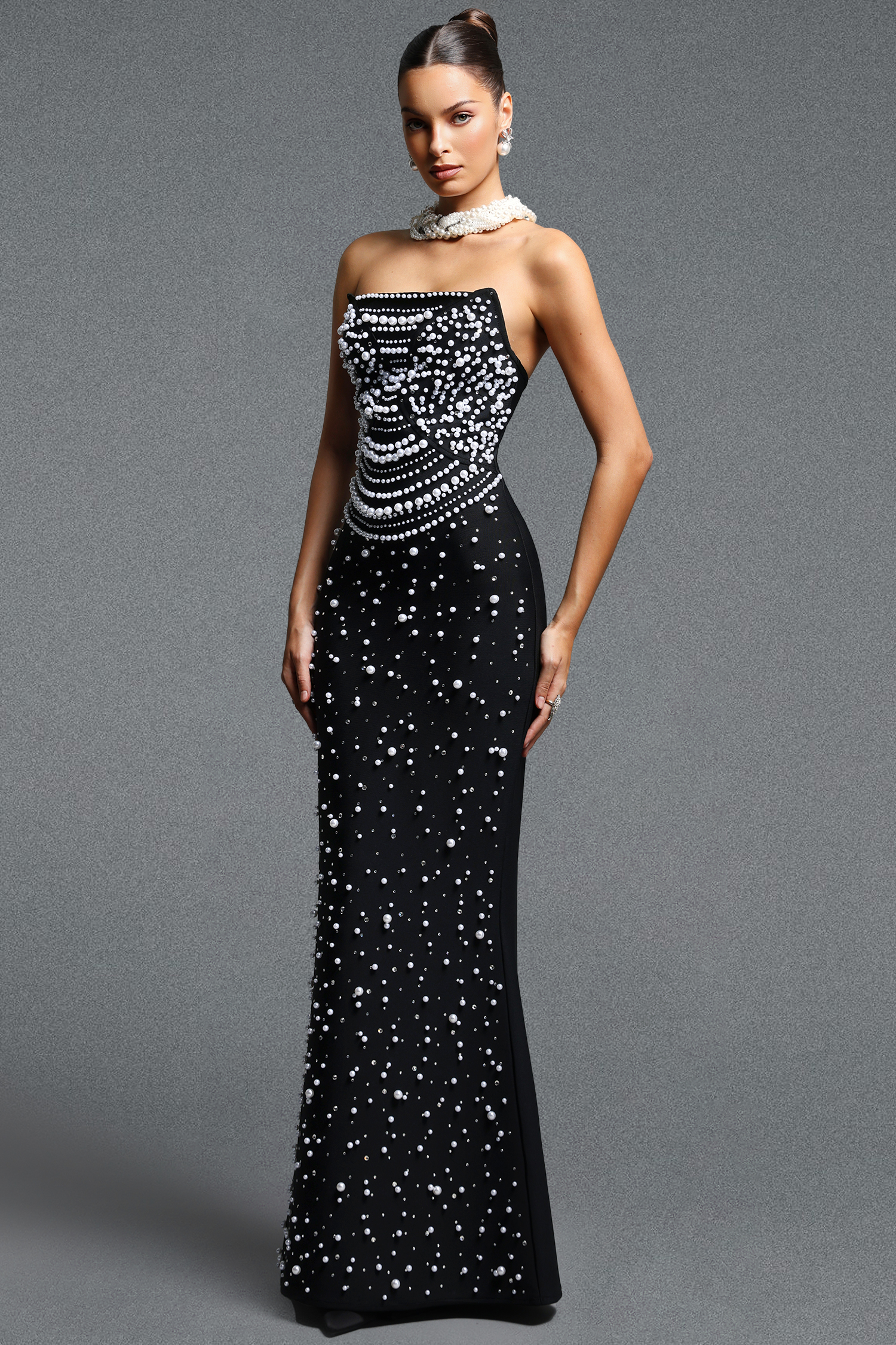 Dekia Elegant Contour Strapless Pearl Bandage Maxi Dress