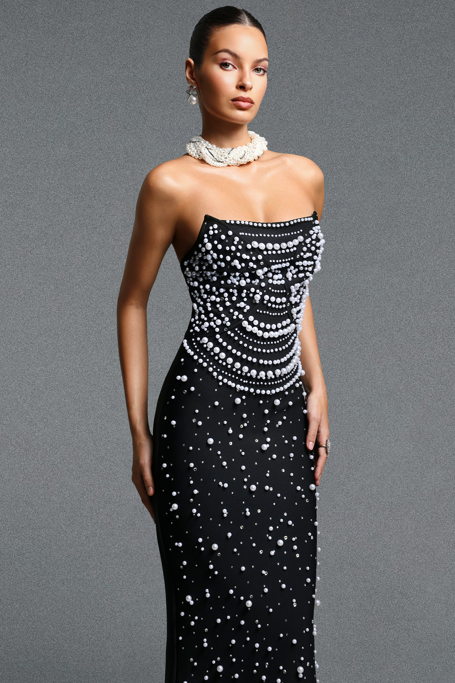 Dekia Elegant Contour Strapless Pearl Bandage Maxi Dress