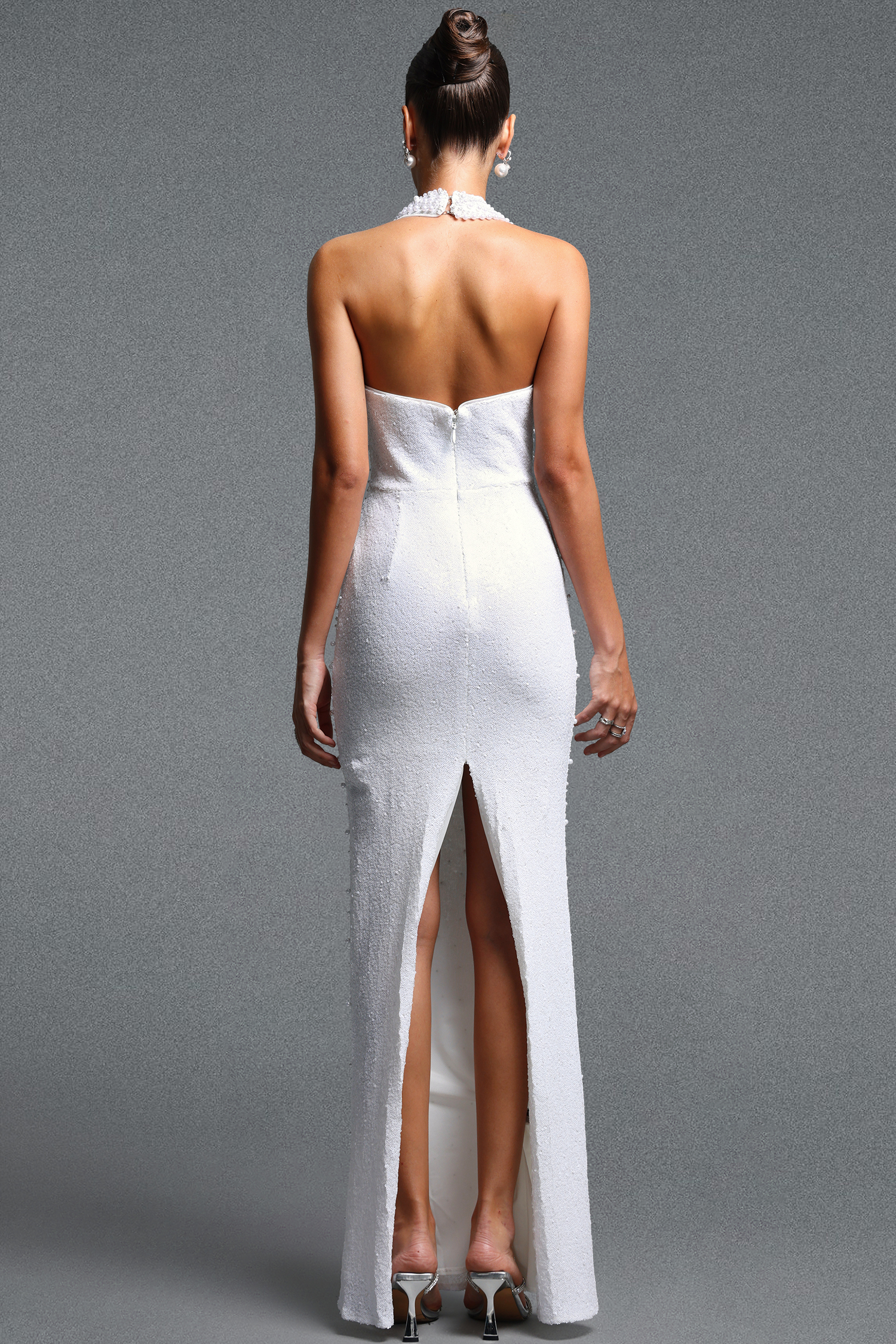 Jaelyn Elegant Fitted Halter V Neck Pearl Slit Maxi Dress
