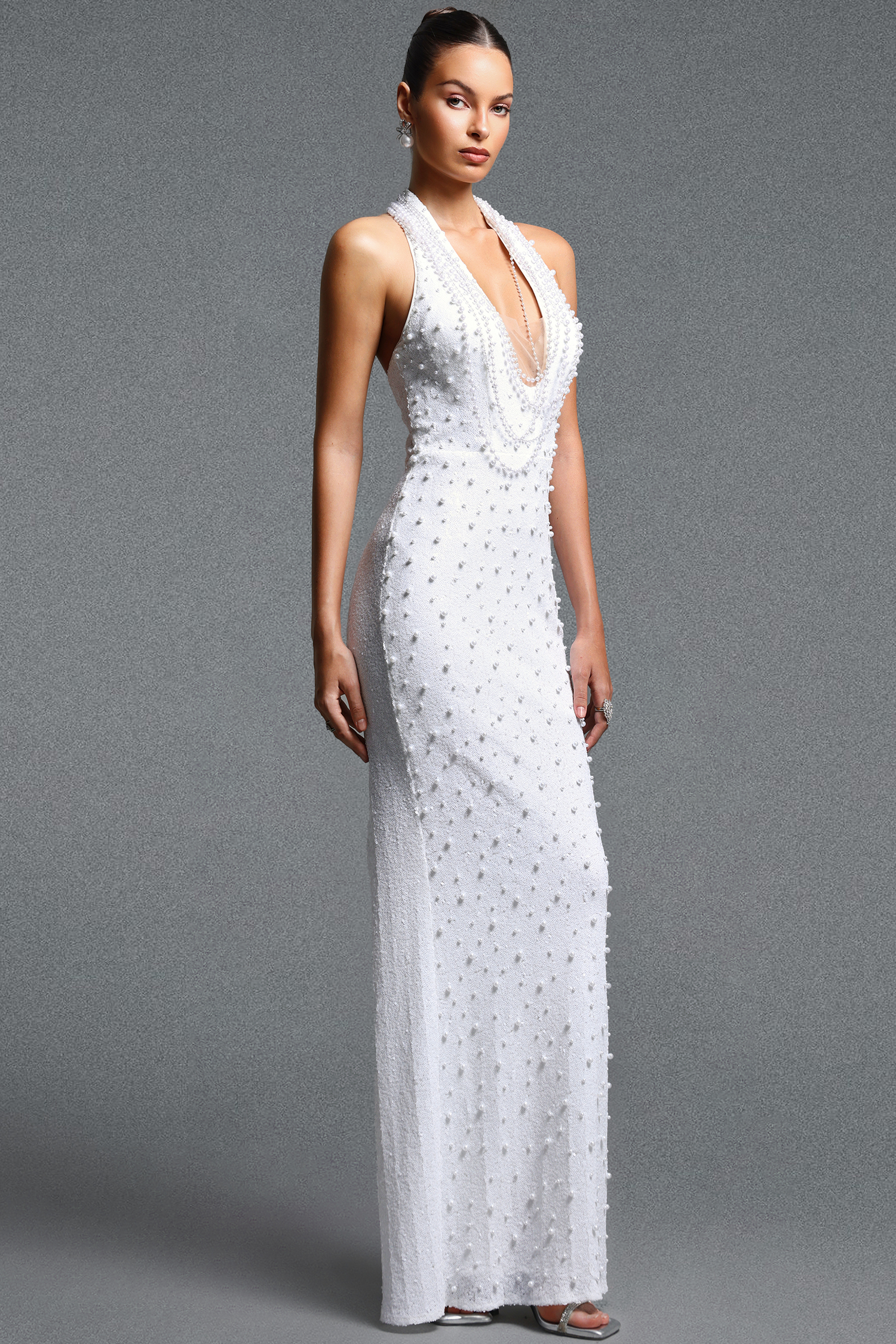 Jaelyn Elegant Fitted Halter V Neck Pearl Slit Maxi Dress