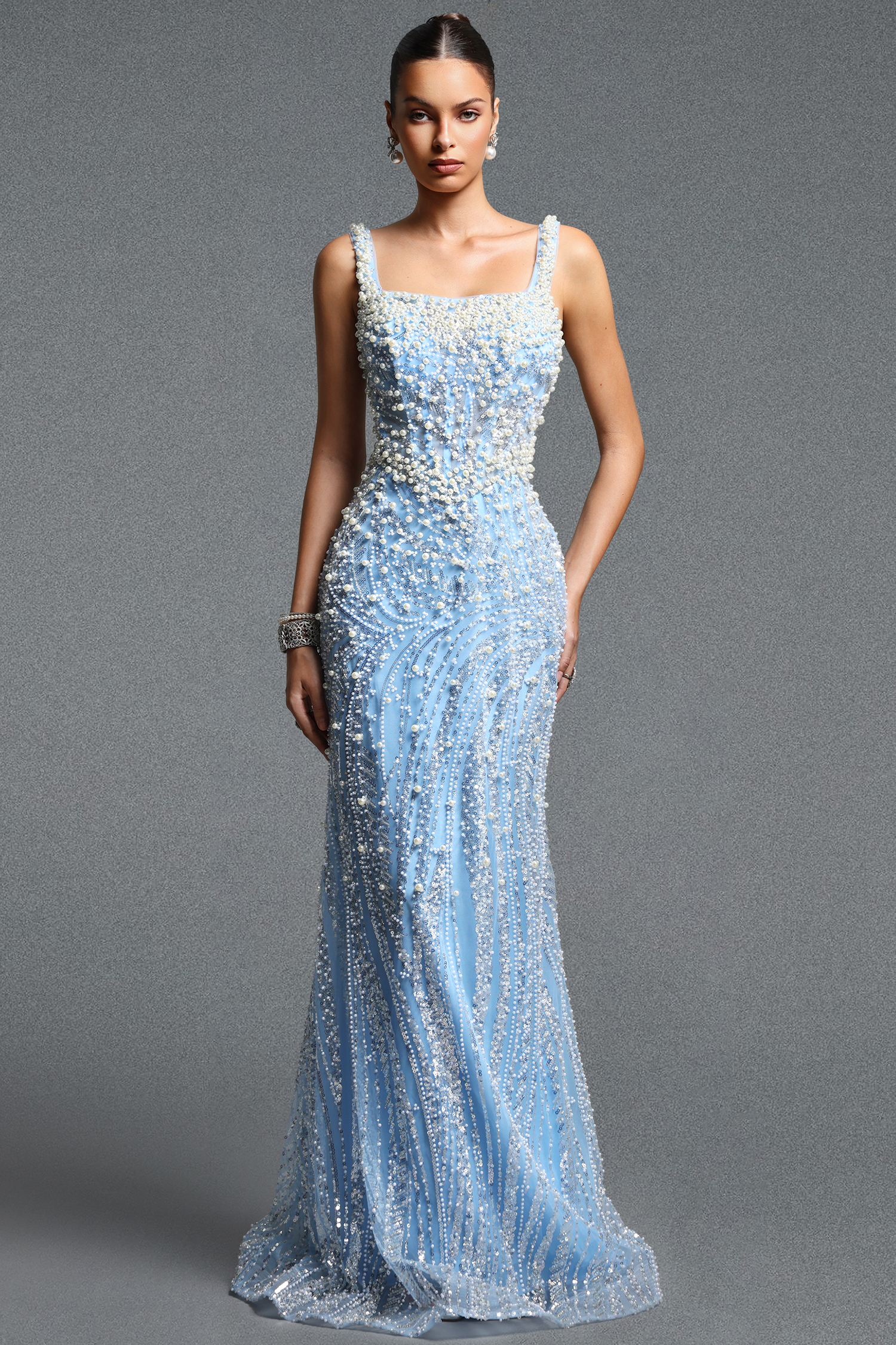 Irana Elegant Contour Square Neck Sleeveless Pearl and Sequin Mesh Maxi Dress