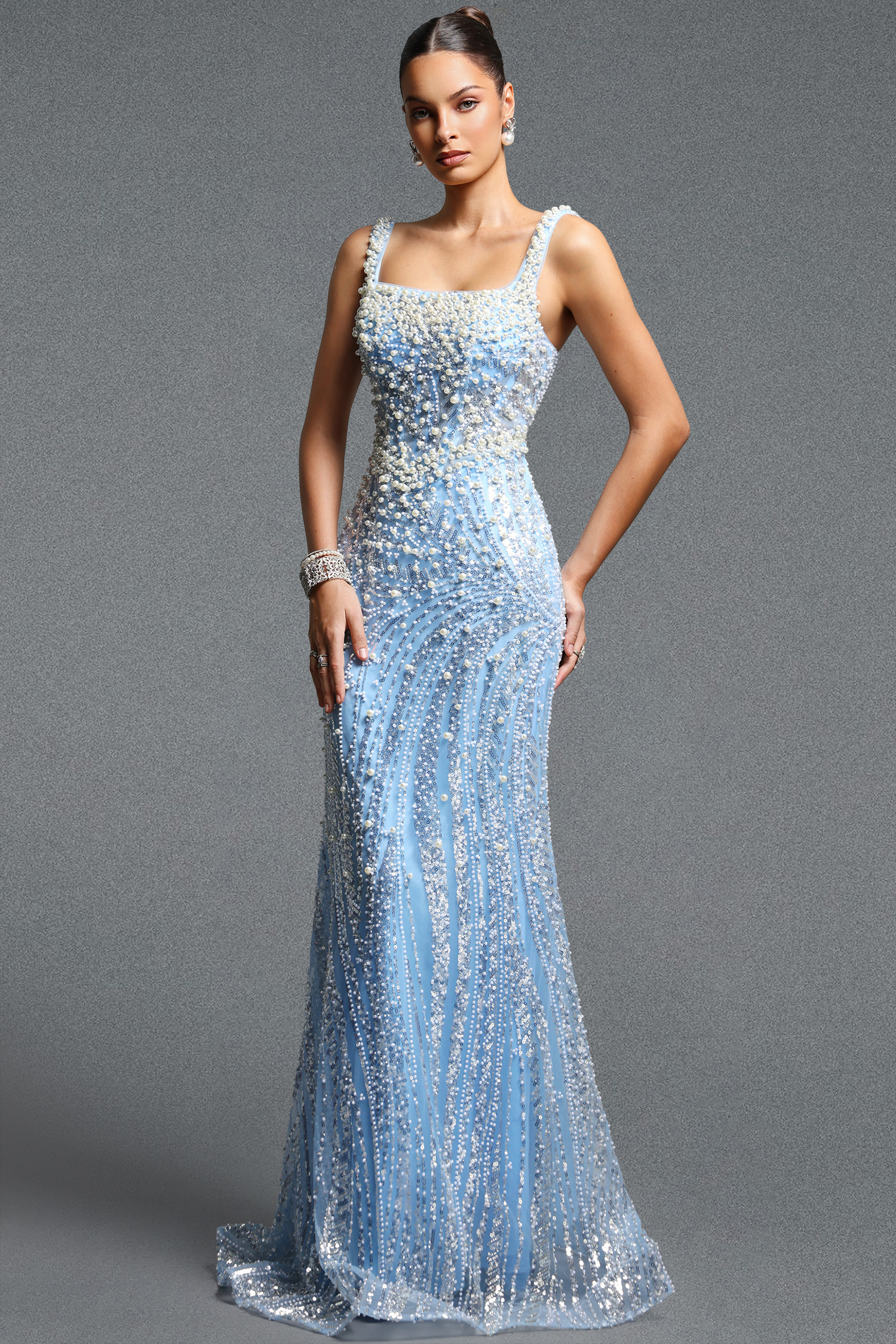 Irana Elegant Contour Square Neck Sleeveless Pearl and Sequin Mesh Maxi Dress
