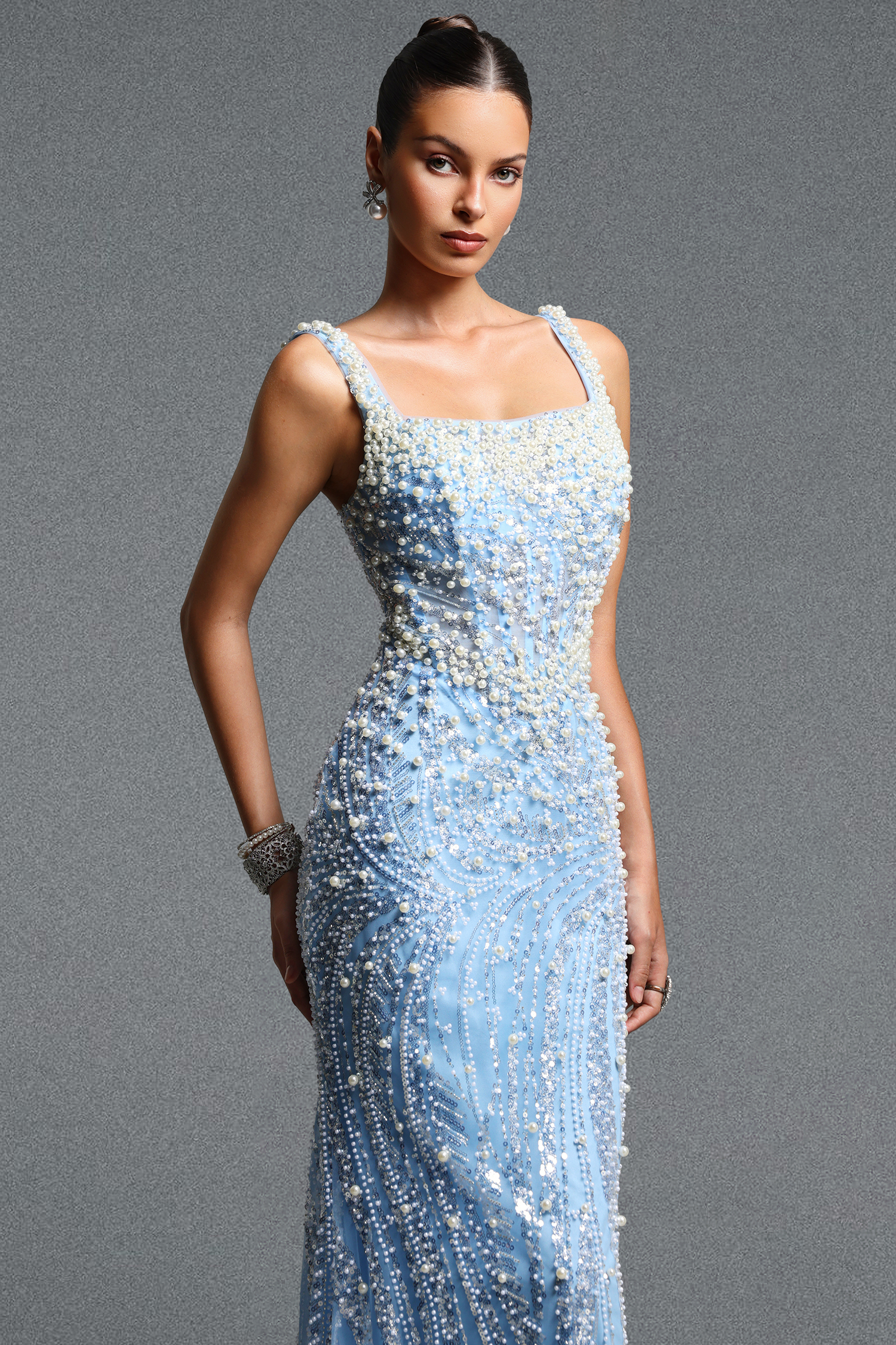Irana Elegant Contour Square Neck Sleeveless Pearl and Sequin Mesh Maxi Dress