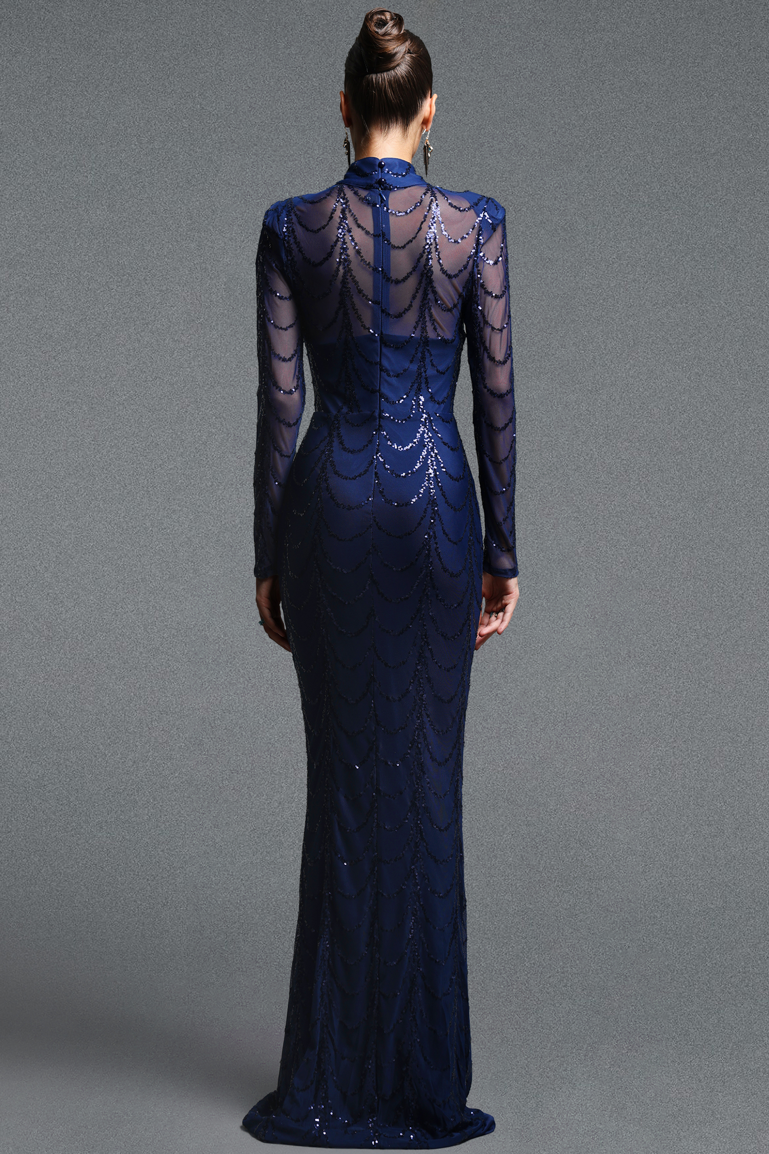 Kandiss Elegant Contour High Neck Long Sleeve Sequin Mesh Maxi Dress