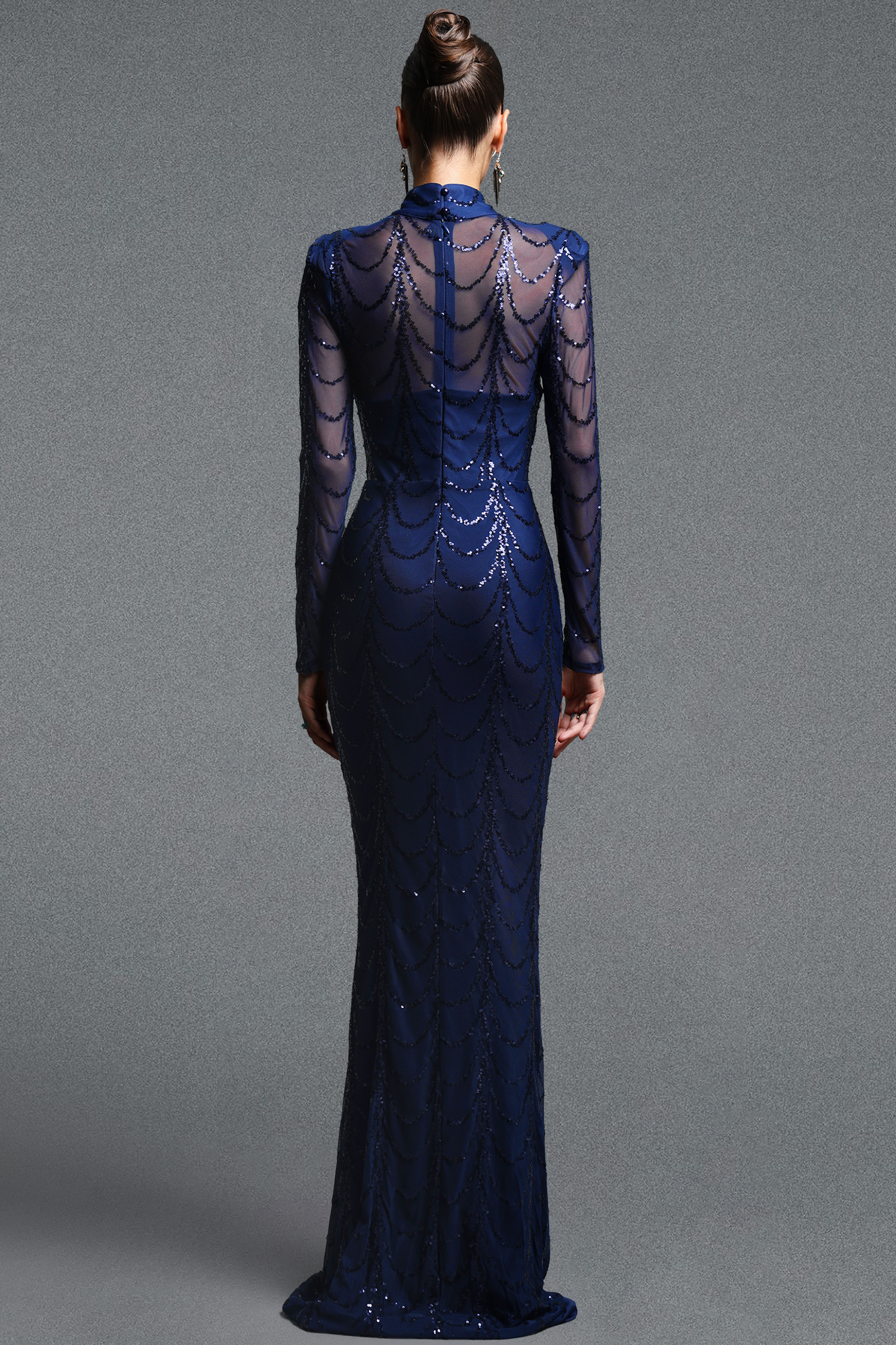 Kandiss Elegant Contour High Neck Long Sleeve Sequin Mesh Maxi Dress