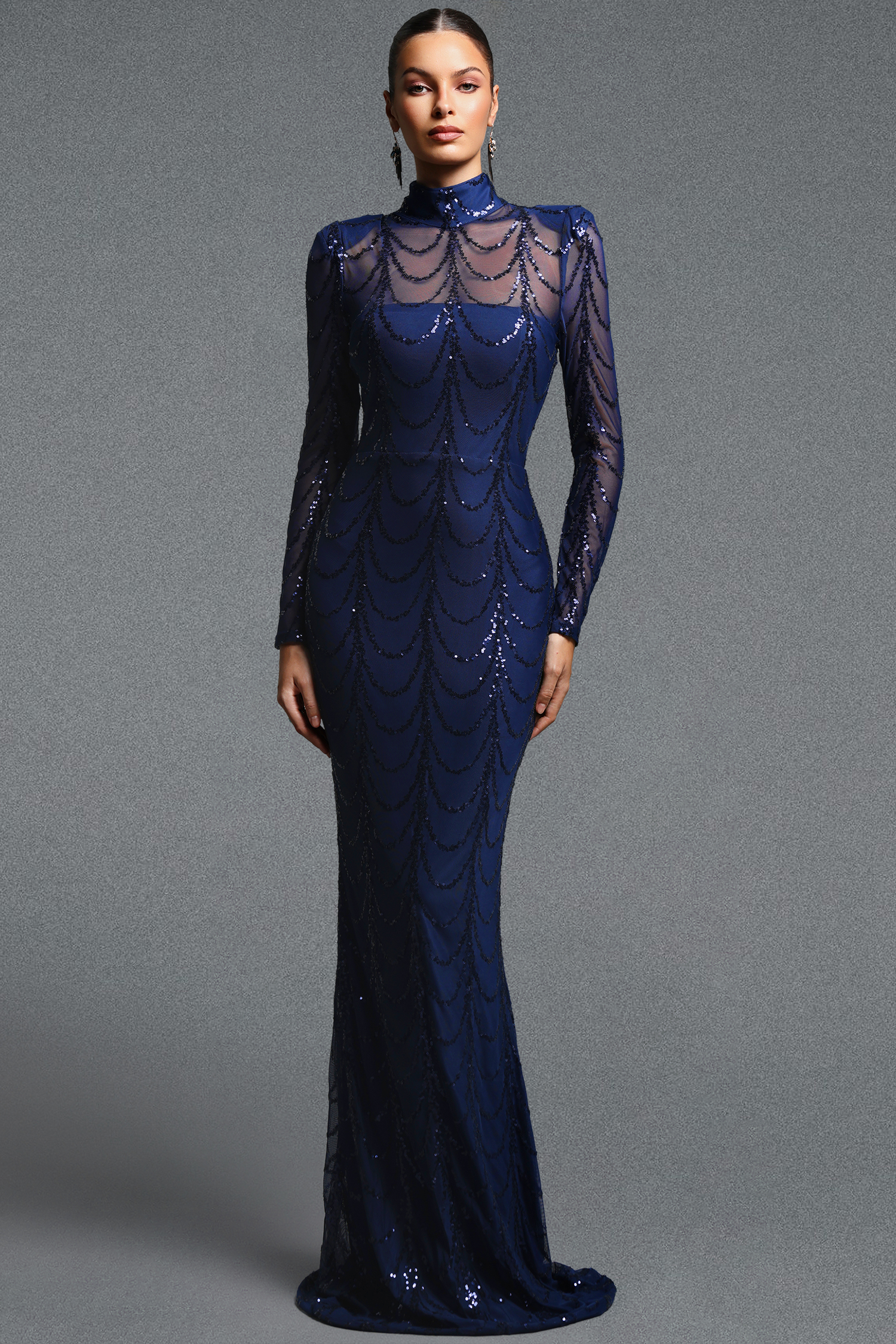 Kandiss Elegant Contour High Neck Long Sleeve Sequin Mesh Maxi Dress