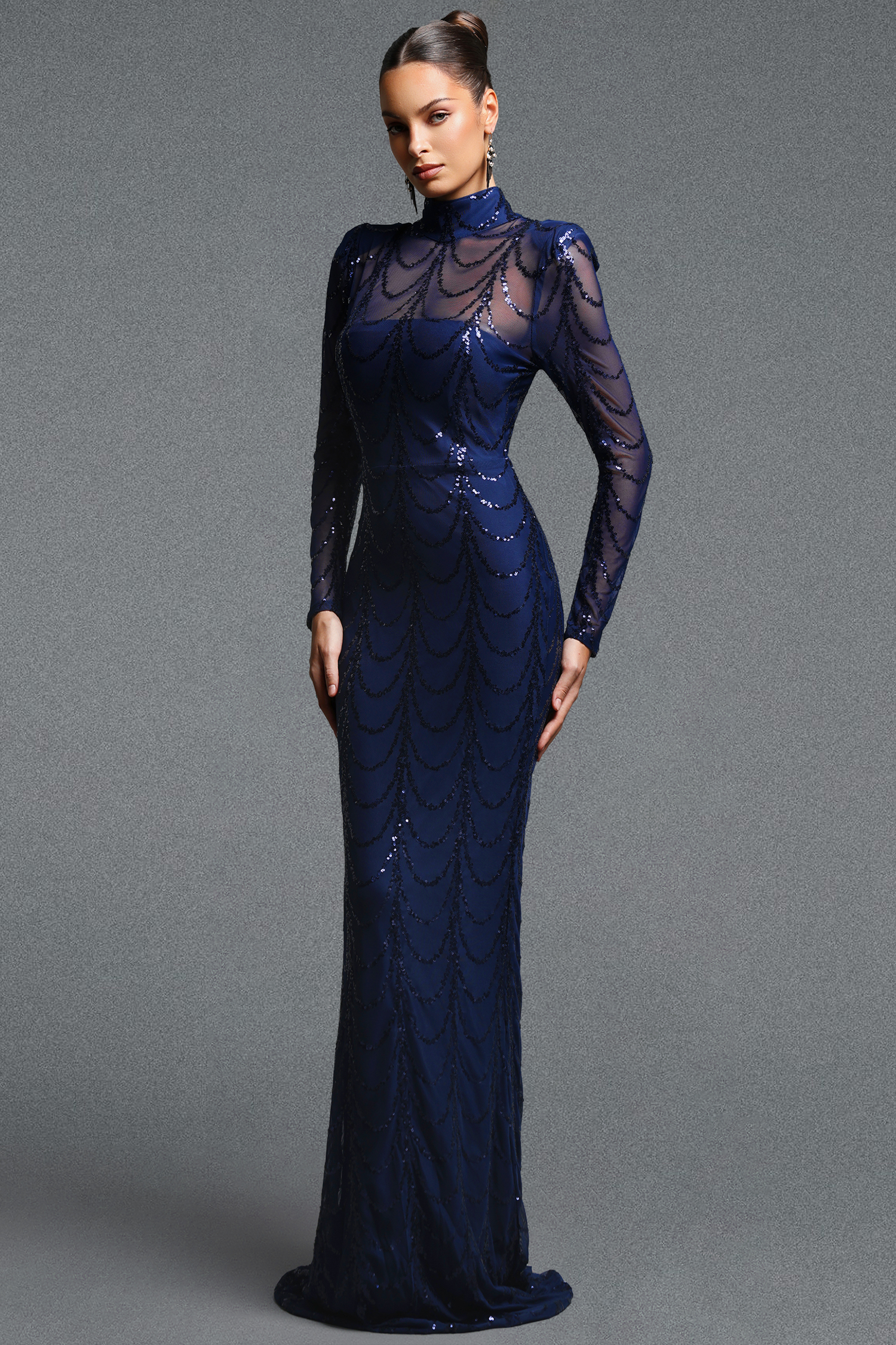 Kandiss Elegant Contour High Neck Long Sleeve Sequin Mesh Maxi Dress