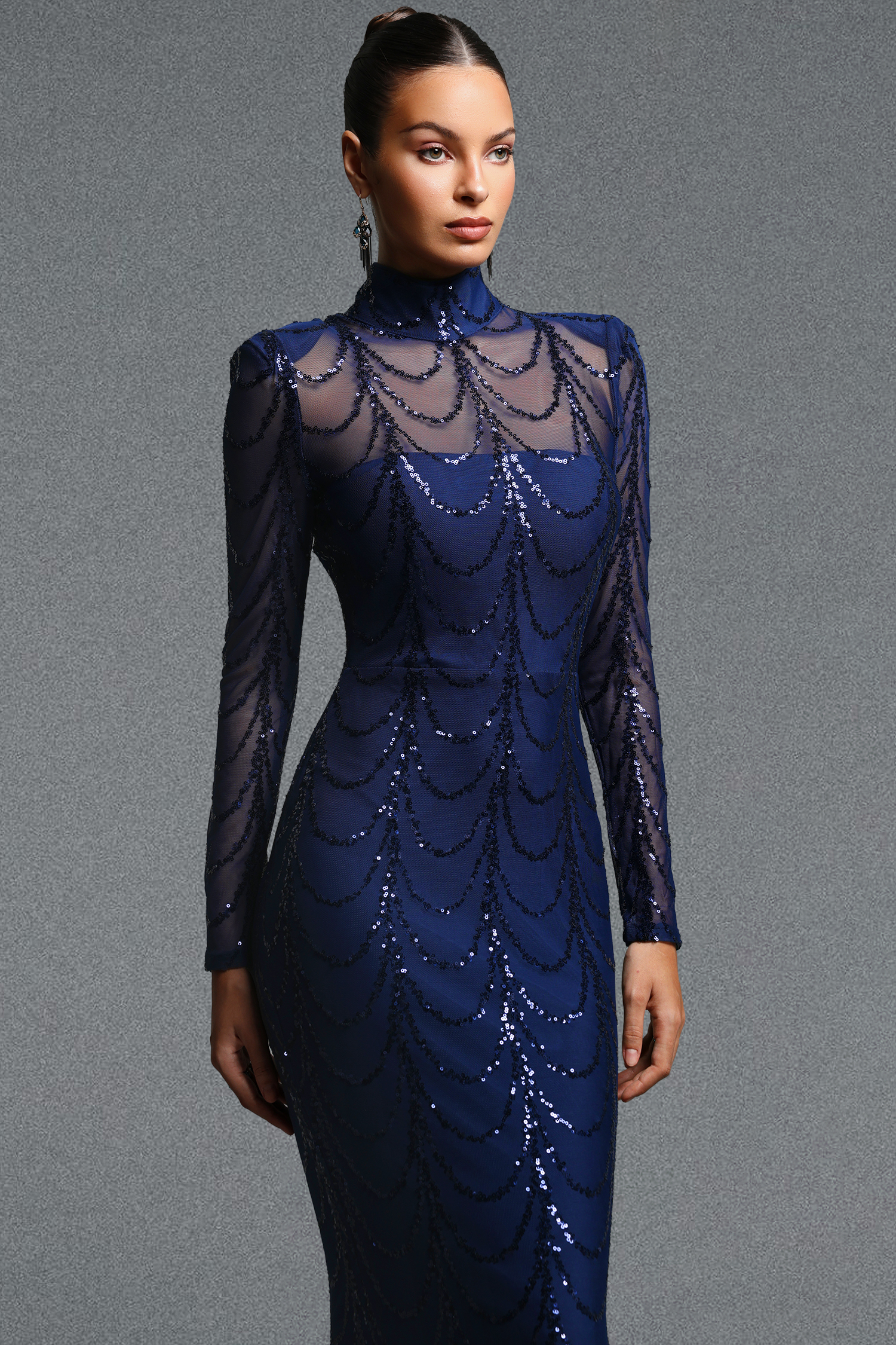 Kandiss Elegant Contour High Neck Long Sleeve Sequin Mesh Maxi Dress