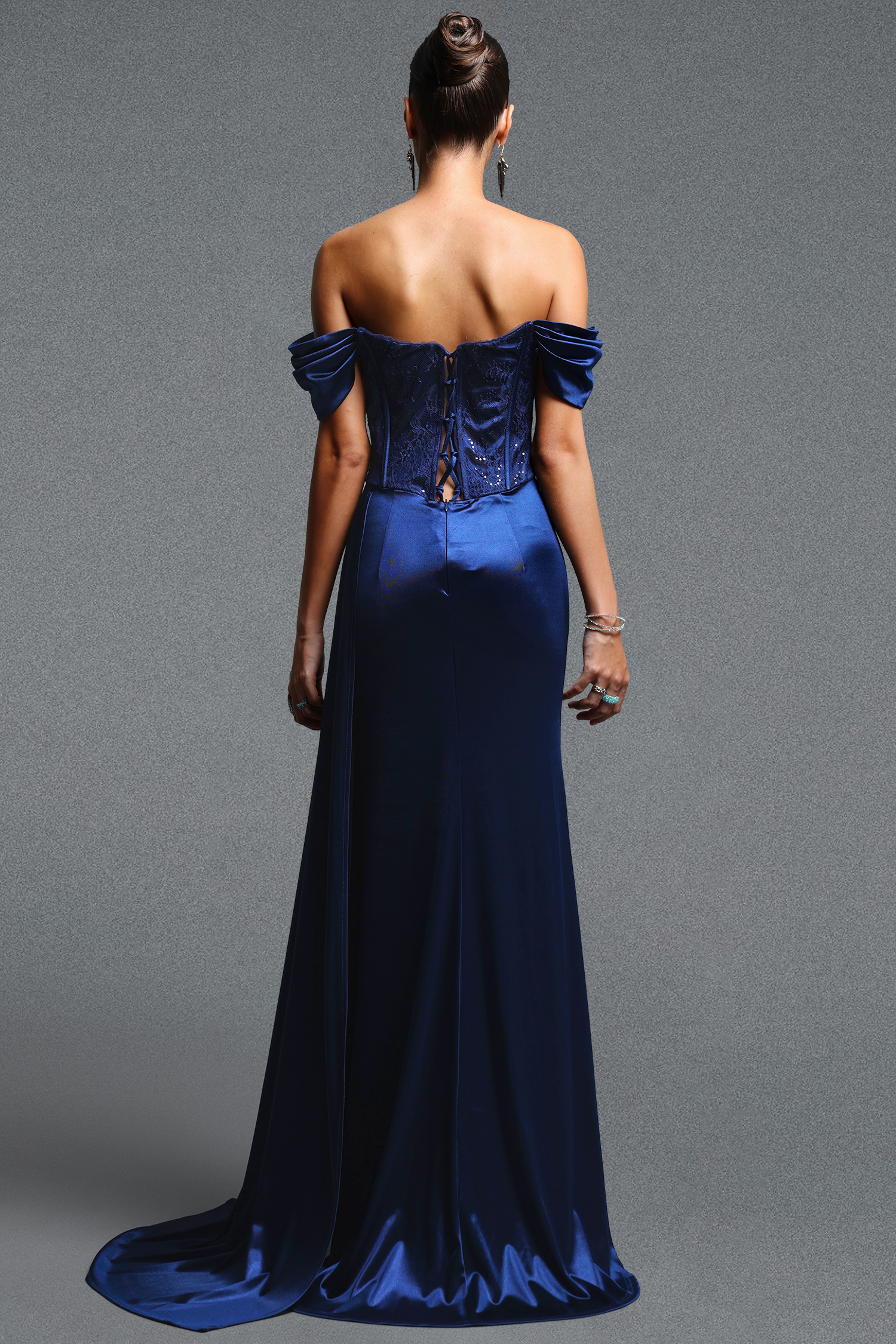 Shardae Elegant Contour Off Shoulder Ruched Lace Satin Maxi Dress