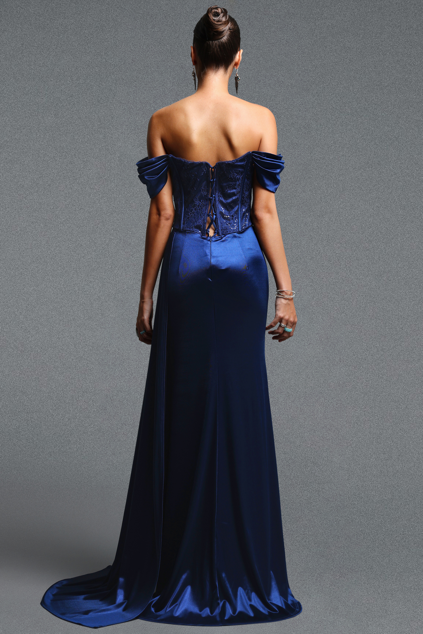 Shardae Elegant Contour Off Shoulder Ruched Lace Satin Maxi Dress