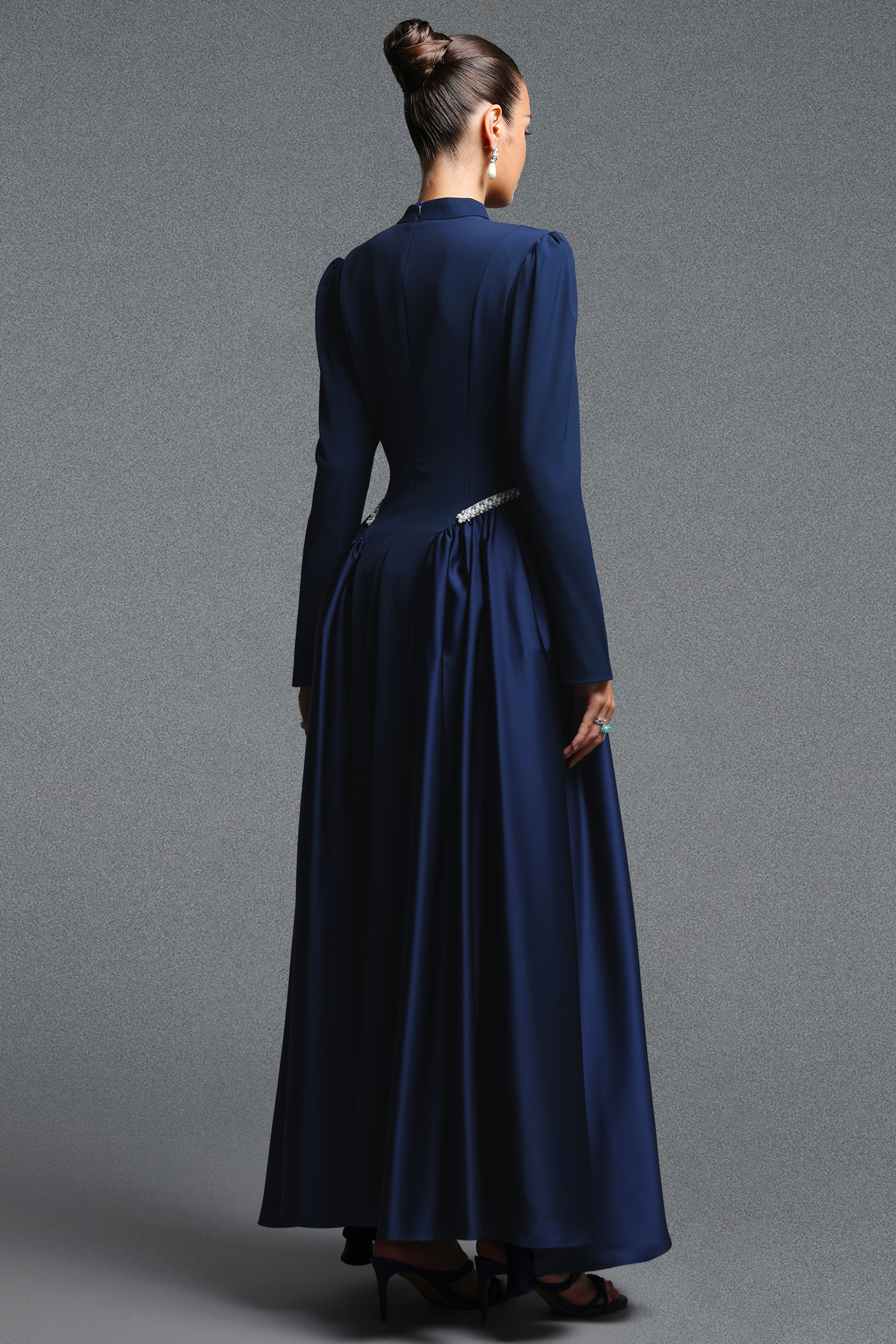 Oana Classic Contour Long Sleeve Pearl Ruched Maxi Dress
