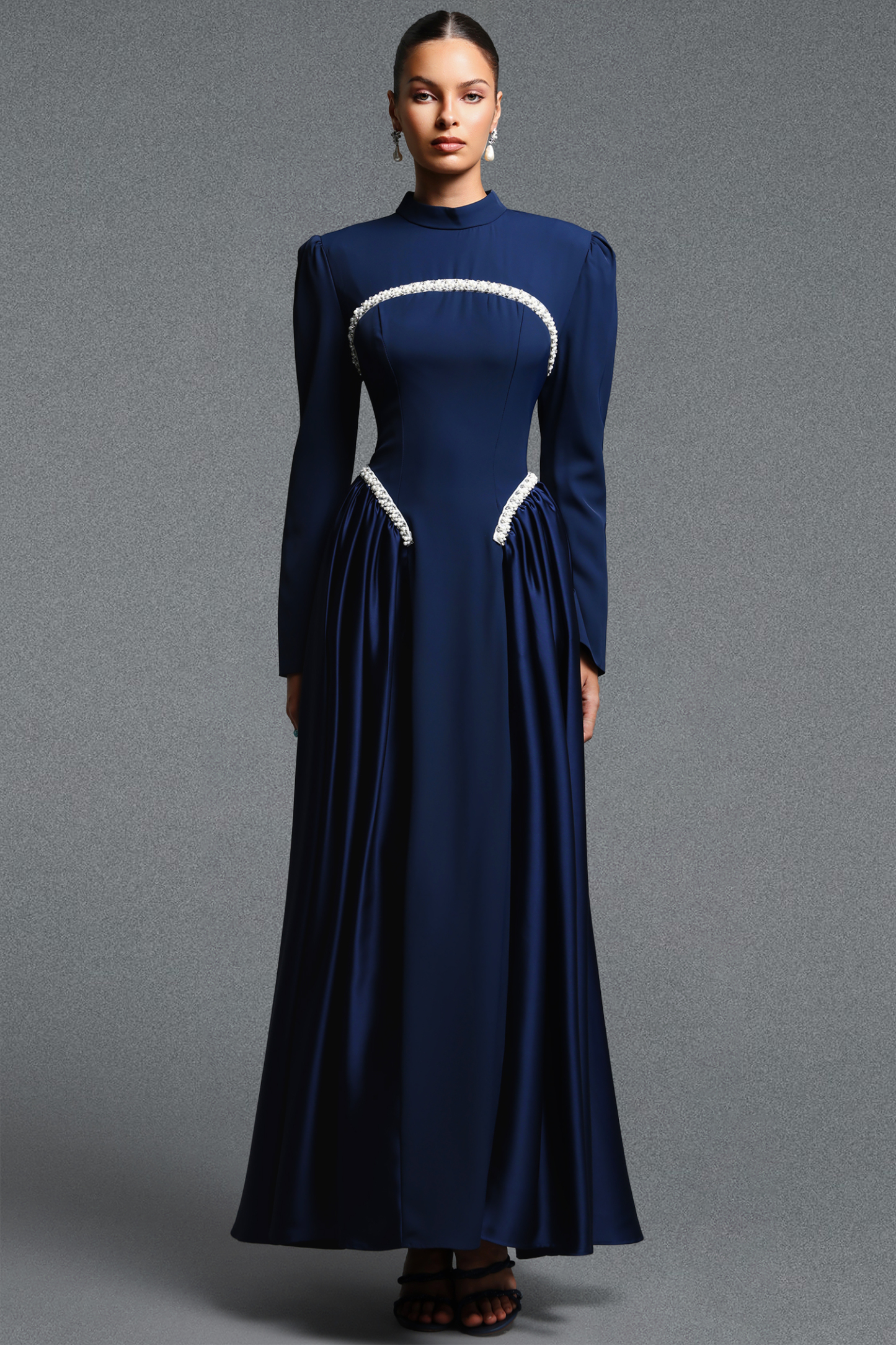 Oana Classic Contour Long Sleeve Pearl Ruched Maxi Dress