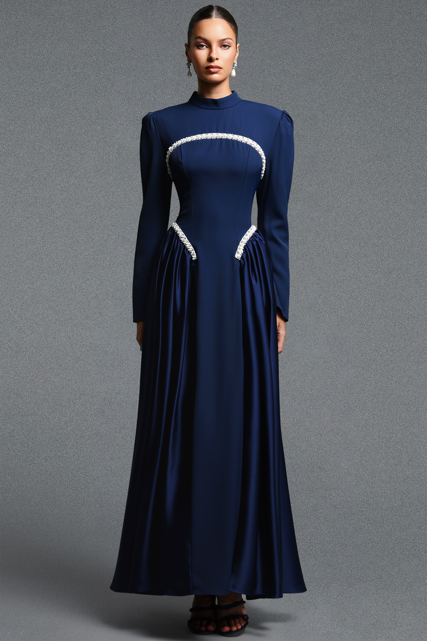 Oana Classic Contour Long Sleeve Pearl Ruched Maxi Dress