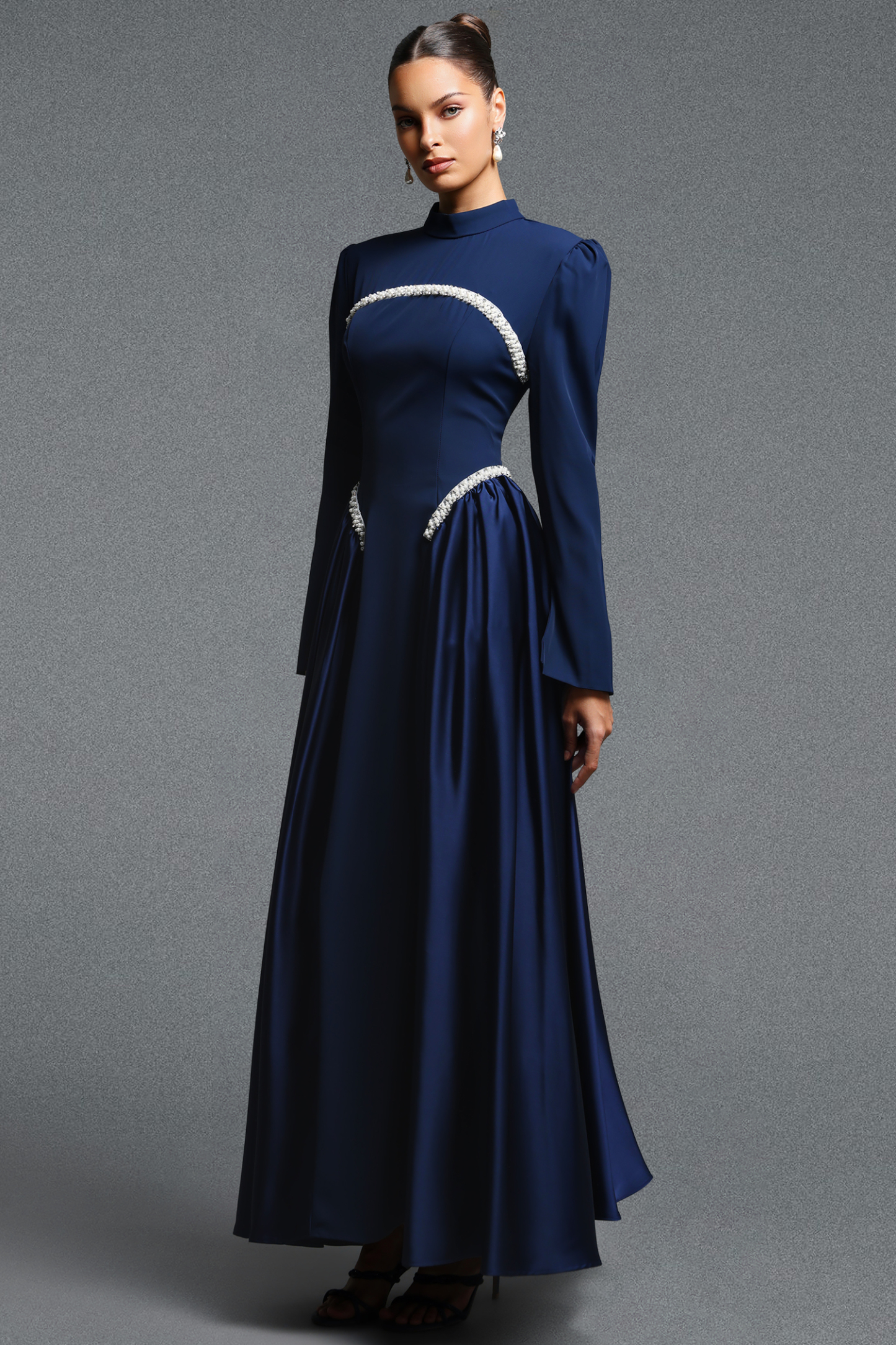 Oana Classic Contour Long Sleeve Pearl Ruched Maxi Dress
