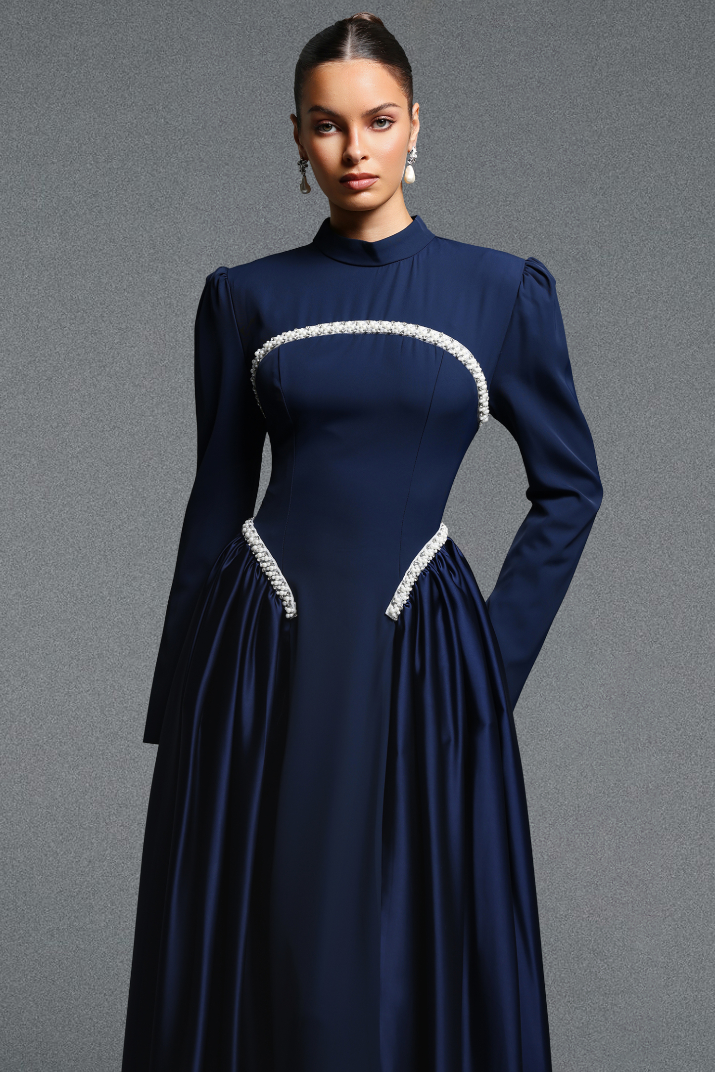 Oana Classic Contour Long Sleeve Pearl Ruched Maxi Dress