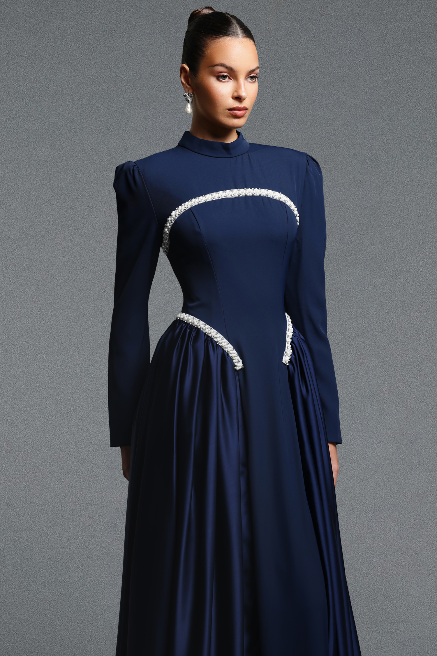 Oana Classic Contour Long Sleeve Pearl Ruched Maxi Dress