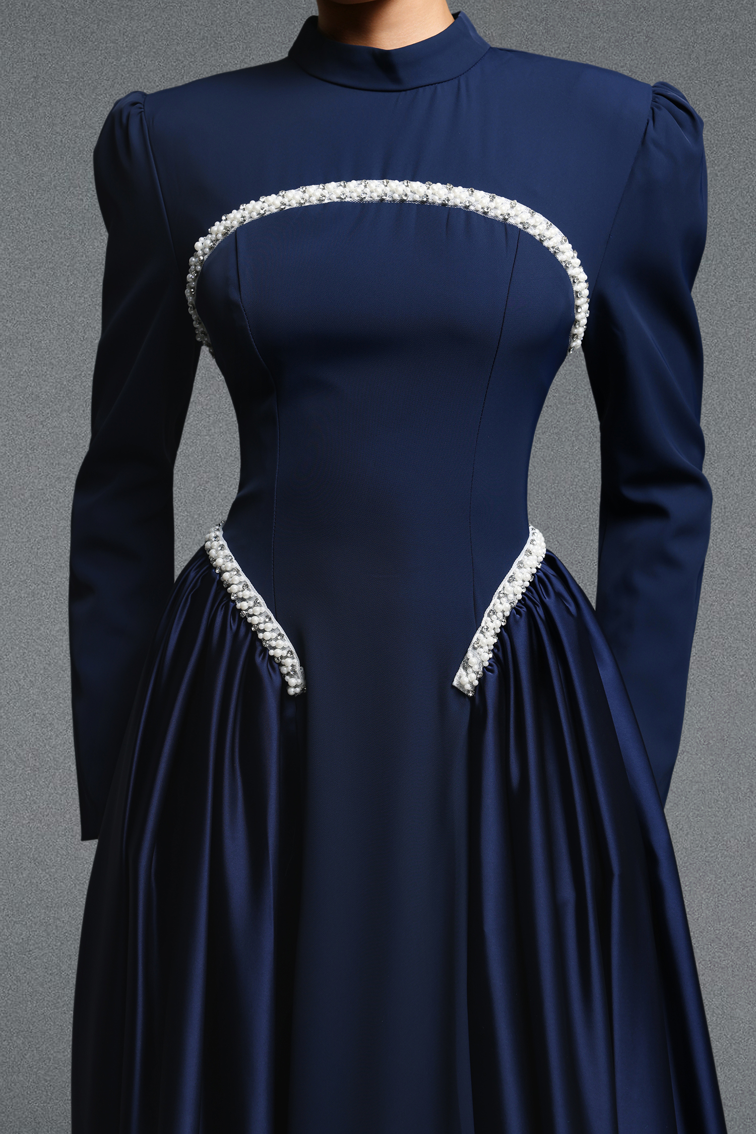 Oana Classic Contour Long Sleeve Pearl Ruched Maxi Dress